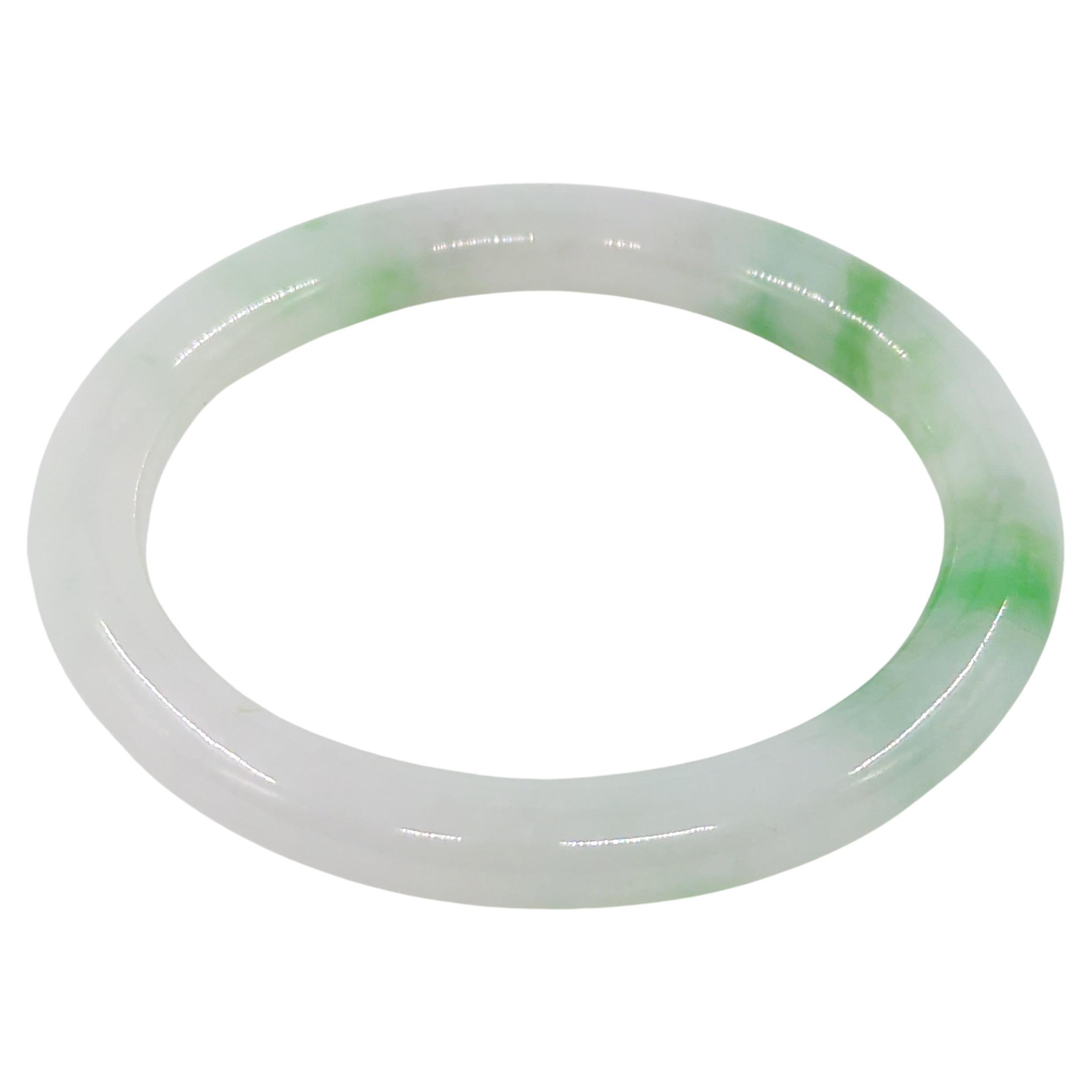 Fine Chinese Carved White Jadeite Bangle Apple Green Inclusions Small 53.5mm ID For Sale 2