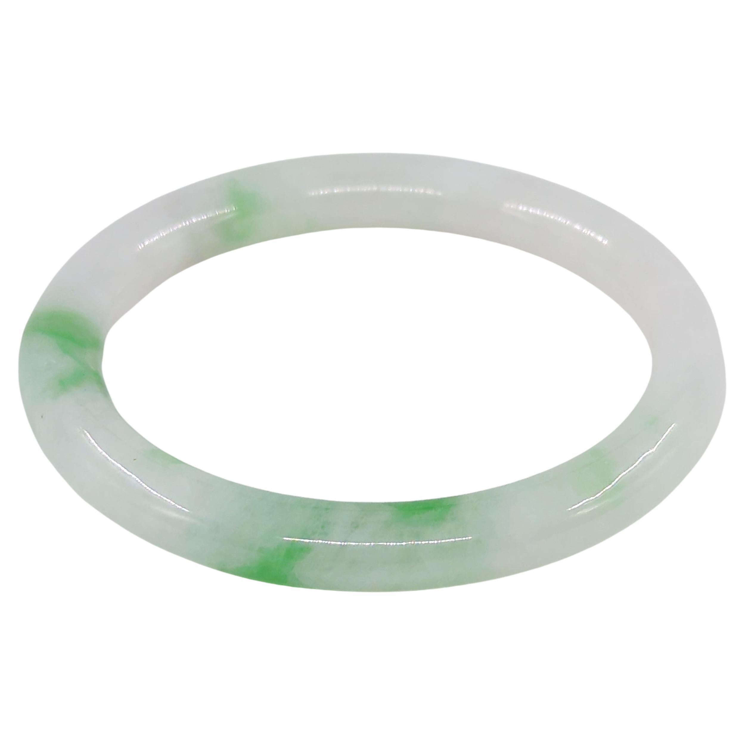Fine Chinese Carved White Jadeite Bangle Apple Green Inclusions Small 53.5mm ID For Sale 3