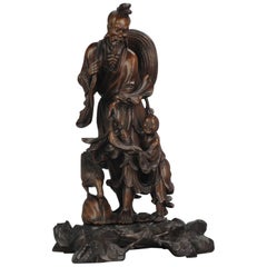 Vintage Fine Chinese Carved Wood Statue of a Fisherman, Son and Crane, circa 1900