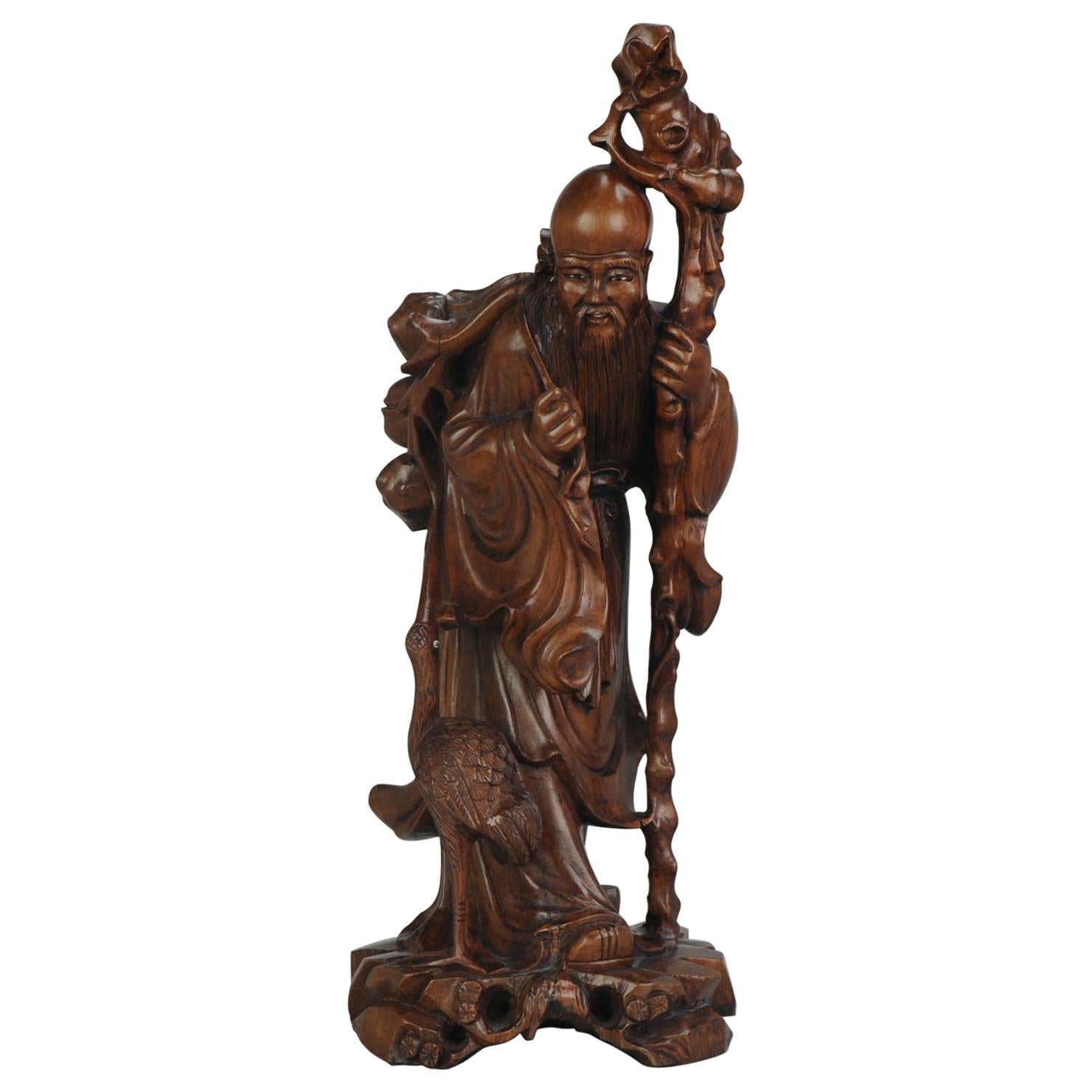 Fine Chinese Carved Wood Statue of Shou Lao Longevity Crane, circa 1900