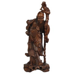Feine chinesische geschnitzte Wood Statue von Shou Lao Longevity Crane, um 1900