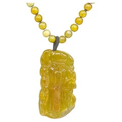 20" Fine Chinese Carved Yellow Jadeite Shouxing Pendant Beaded Necklace A-Grade