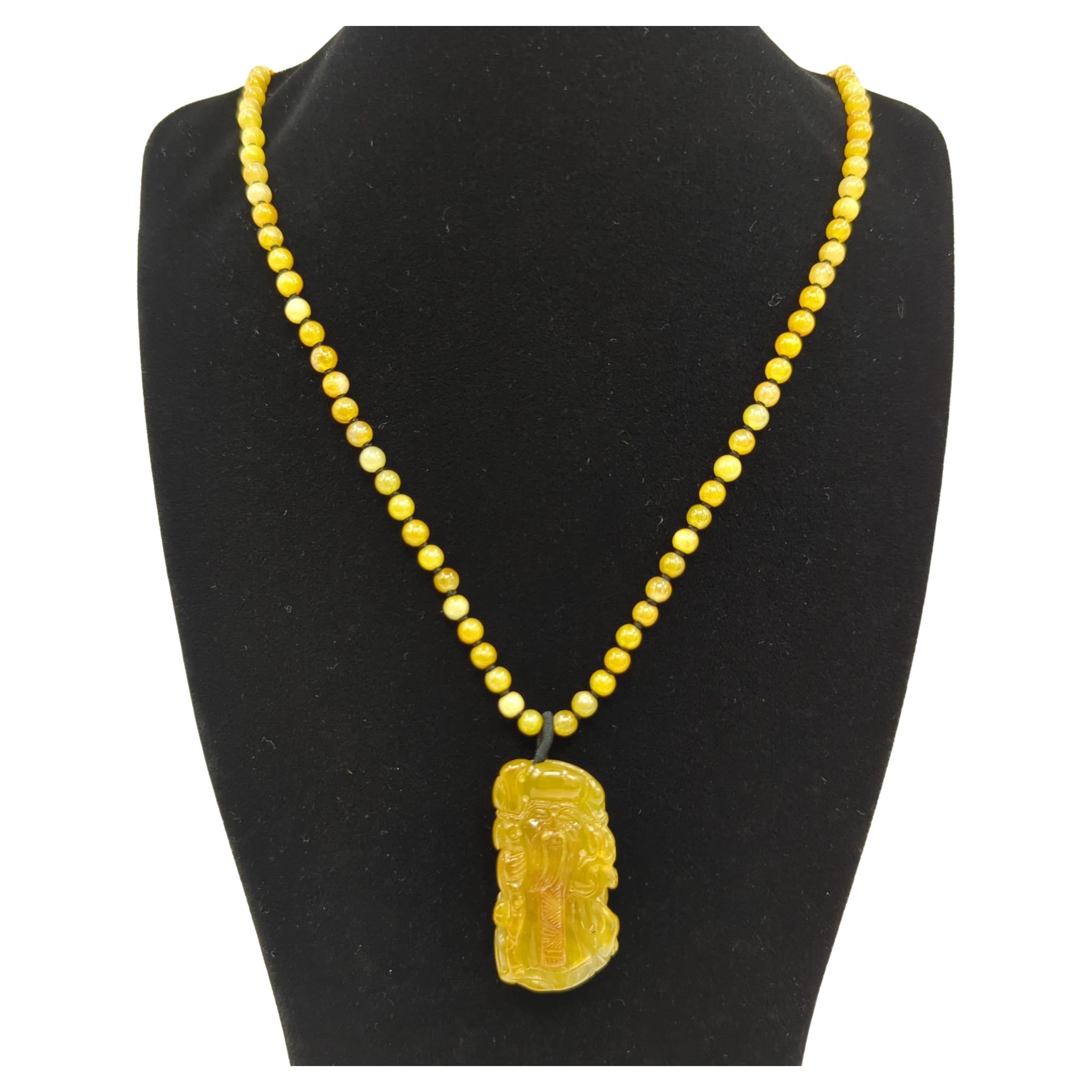 20" Fine Chinese Carved Yellow Jadeite Shouxing Pendant Beaded Necklace A-Grade For Sale