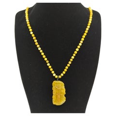 Vintage 20" Fine Chinese Carved Yellow Jadeite Shouxing Pendant Beaded Necklace A-Grade