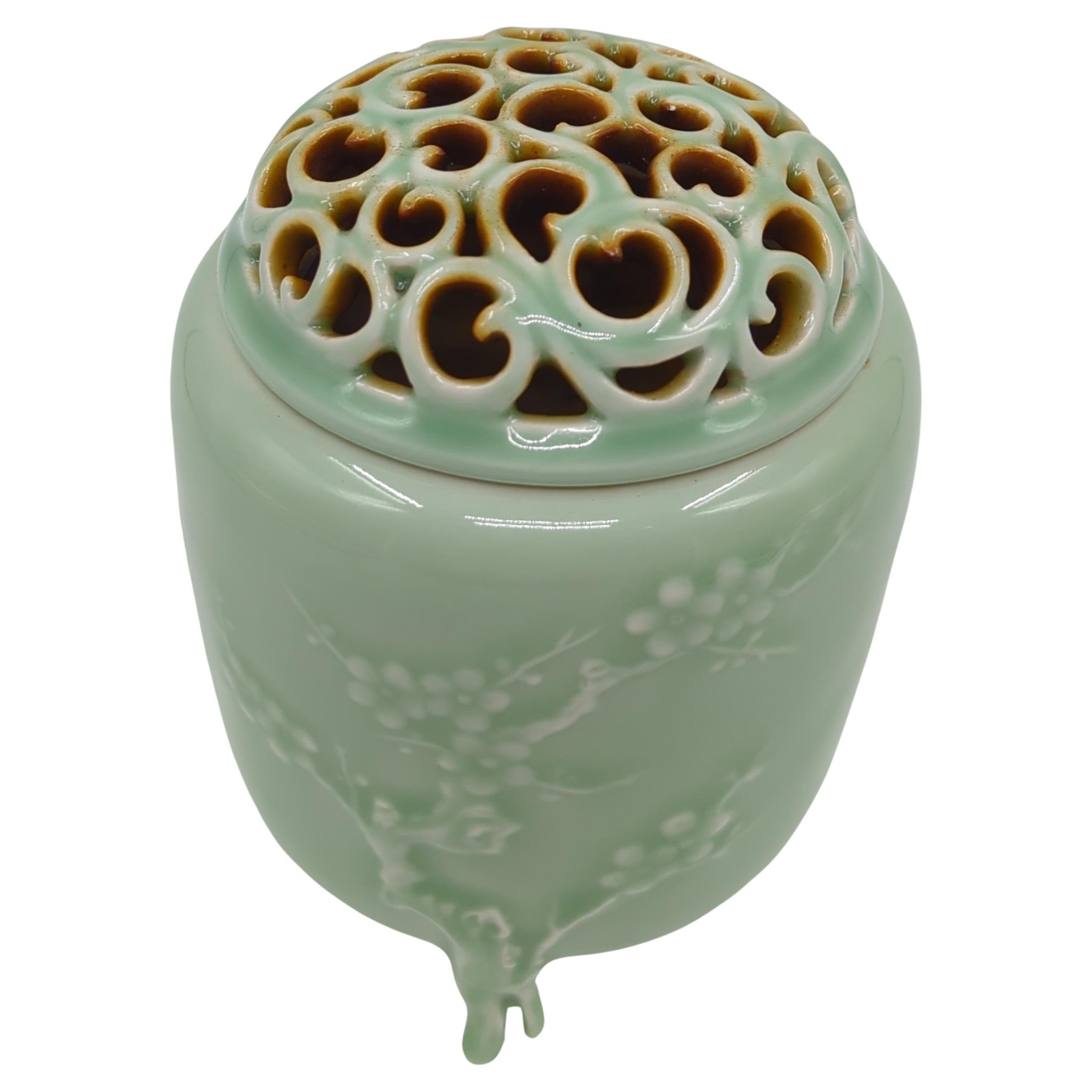 Fine Chinese Celadon Glaze Relief Carved Covered Censer on Tripod Feet mid-20c In Good Condition For Sale In Richmond, CA