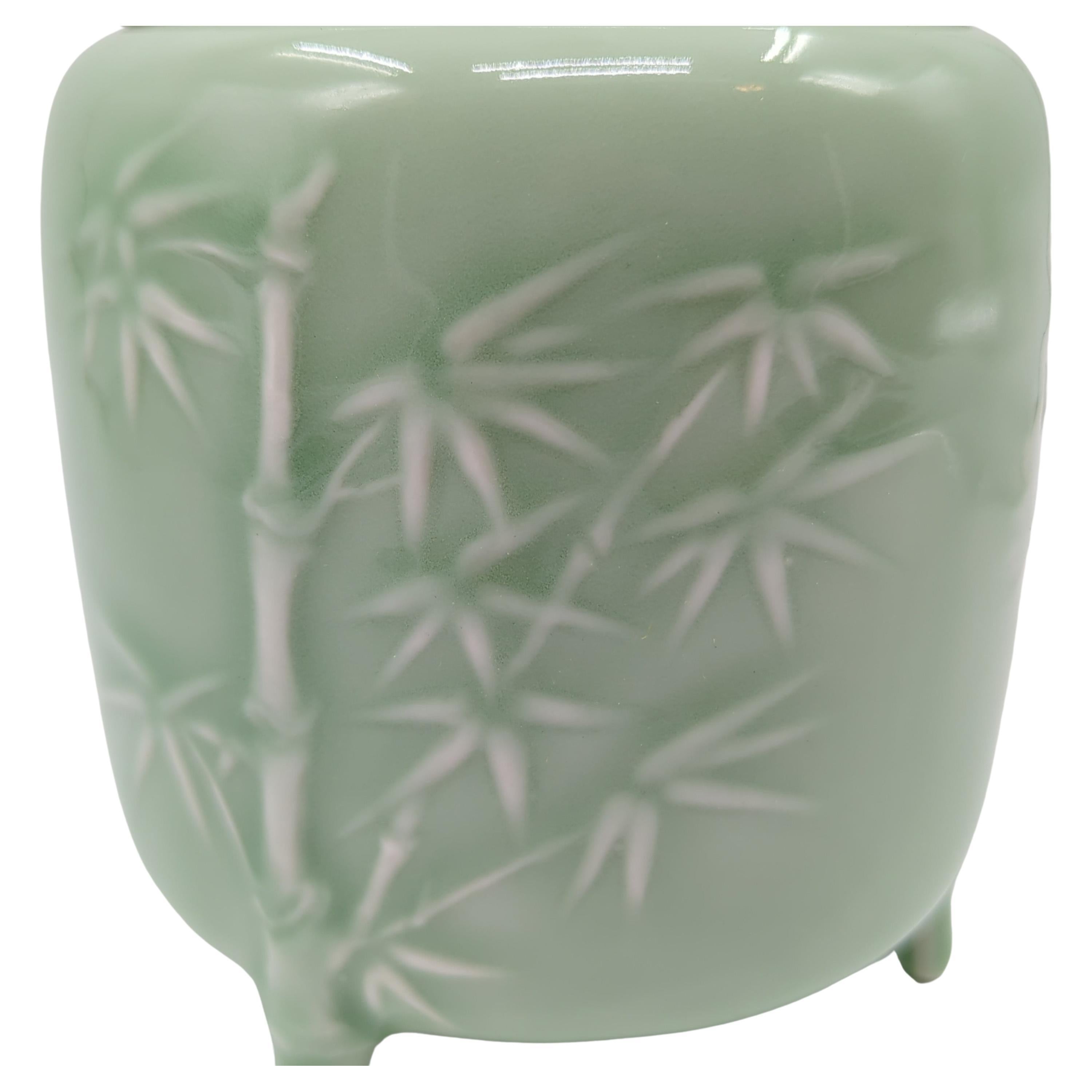 Fine Chinese Celadon Glaze Relief Carved Covered Censer on Tripod Feet mid-20c For Sale 1