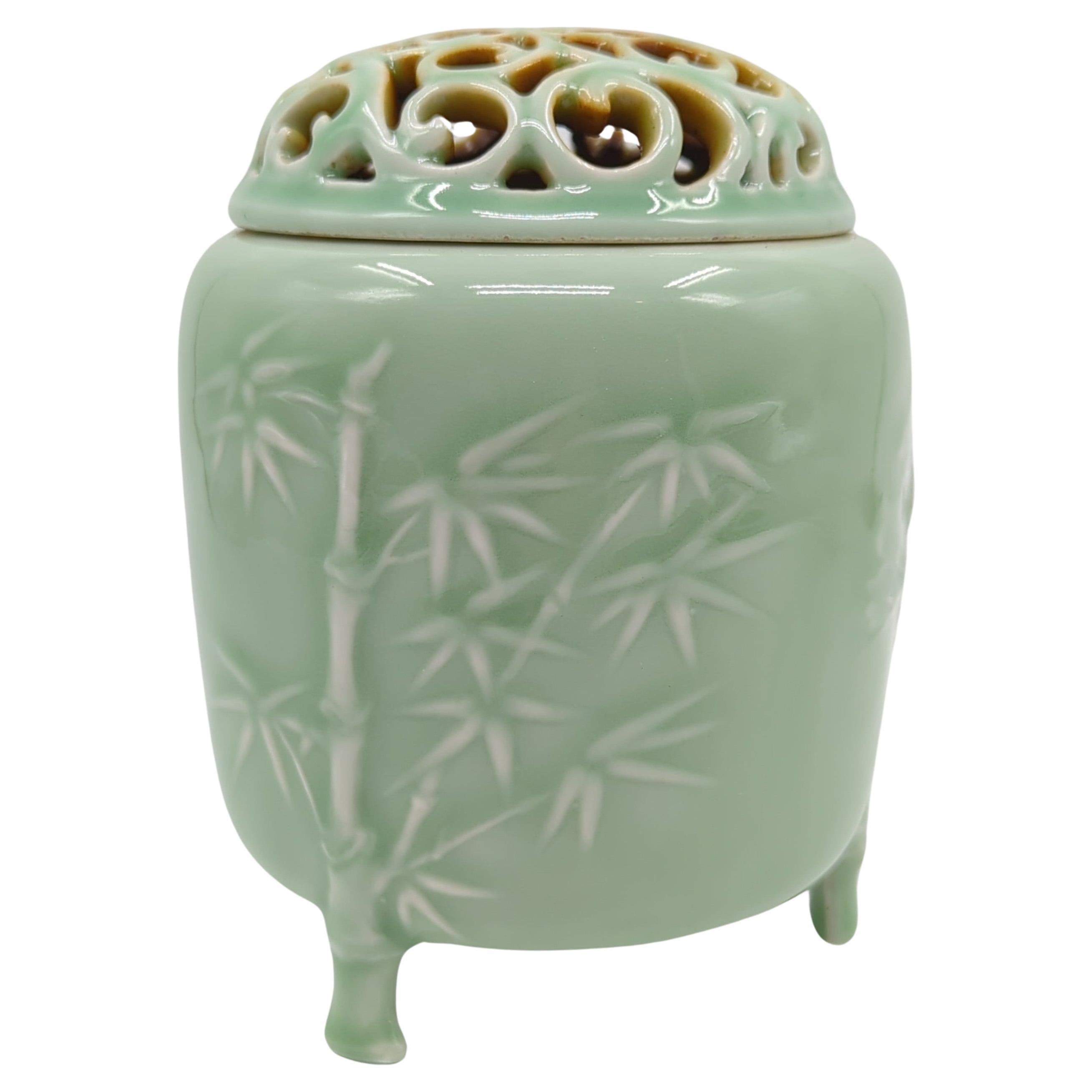 Fine Chinese Celadon Glaze Relief Carved Covered Censer on Tripod Feet mid-20c For Sale