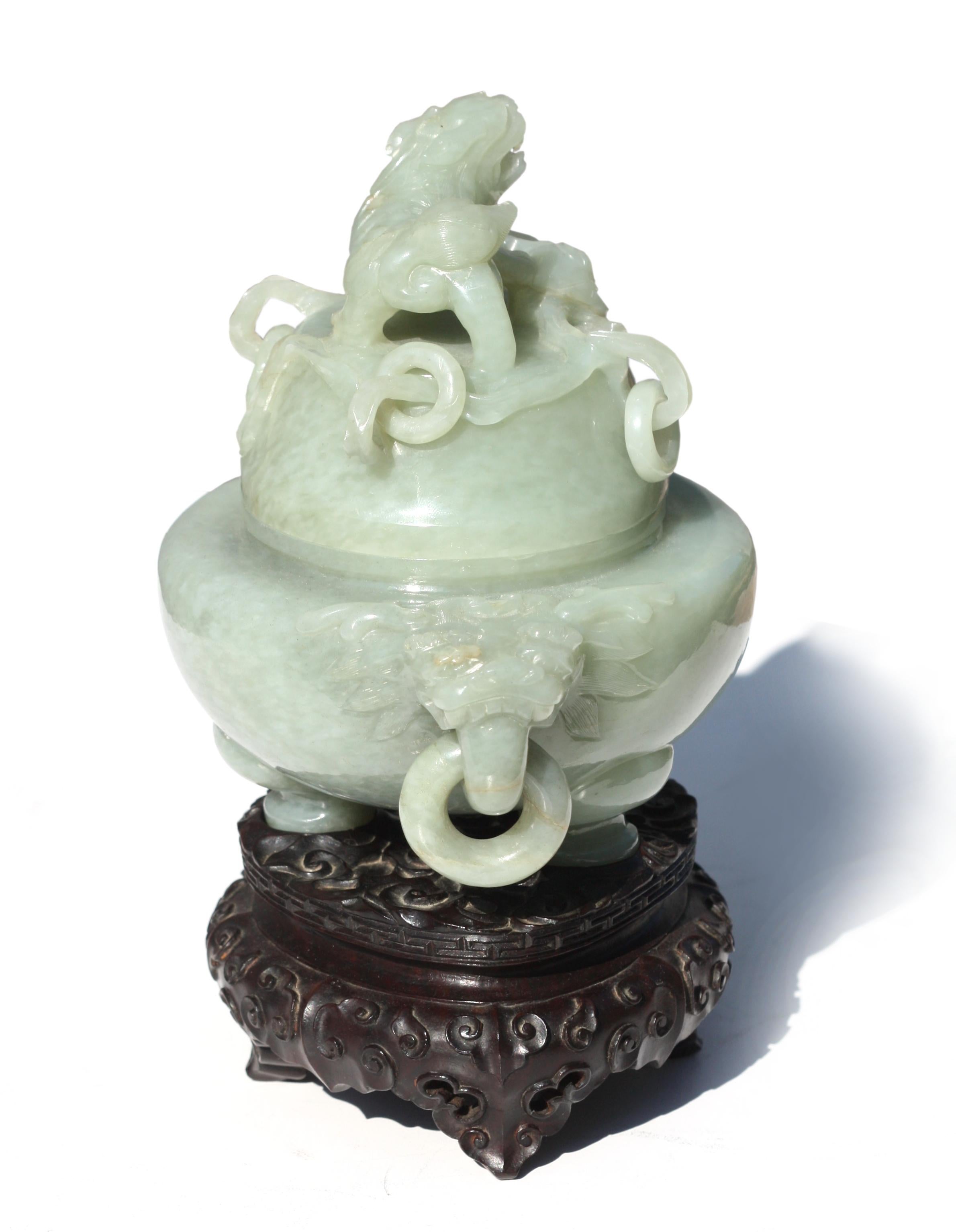 20th Century Fine Chinese Celadon Jade Tripod Censer Qing Dynasty For Sale