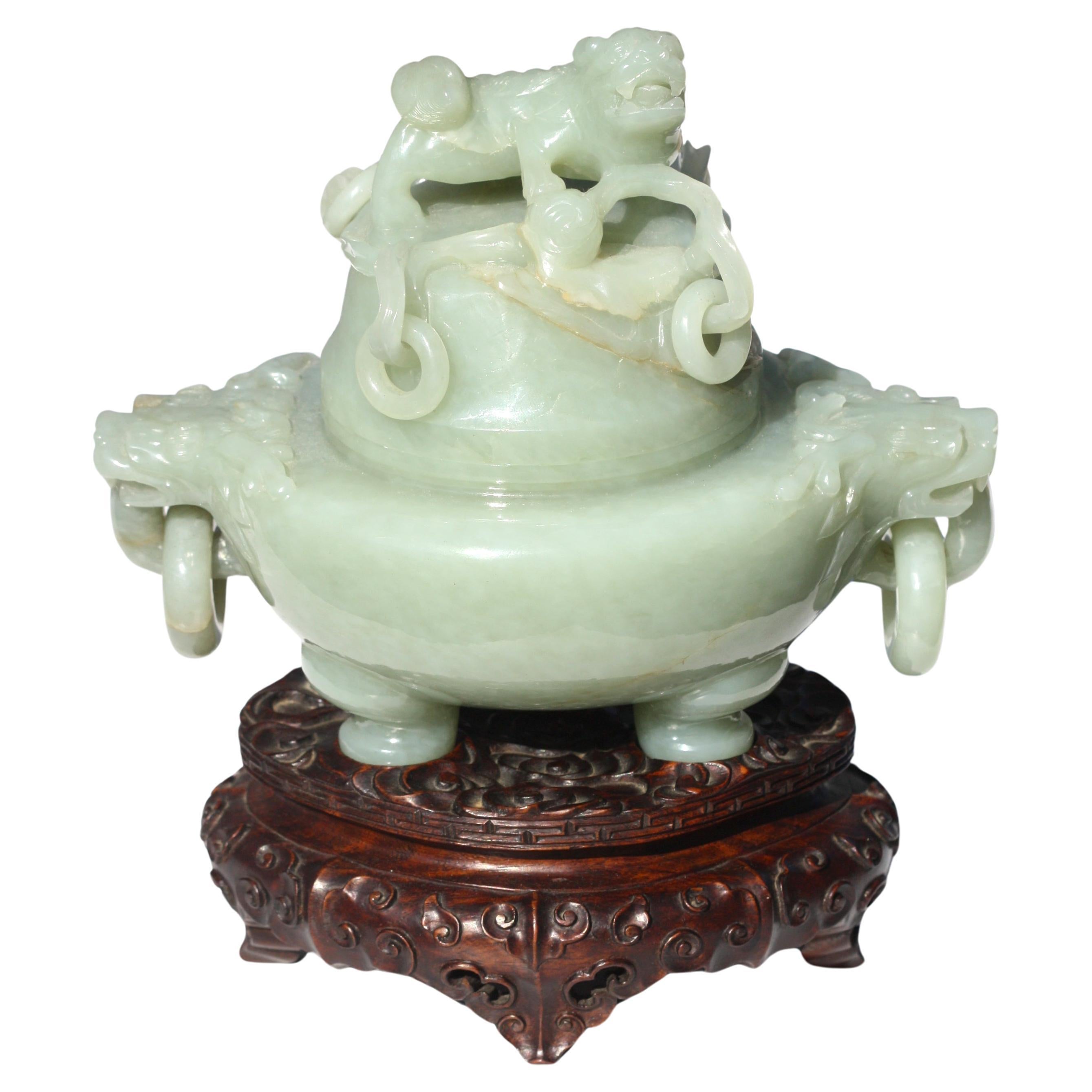 Fine Chinese Celadon Jade Tripod Censer Qing Dynasty For Sale