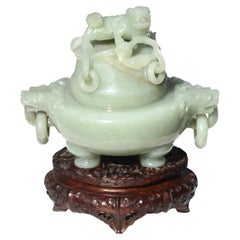 Used Fine Chinese Celadon Jade Tripod Censer Qing Dynasty