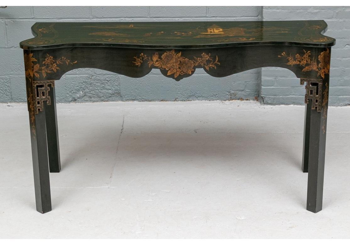 20th Century Fine Chinese Chippendale Style Black Lacqered And Gilt Decorated Console Table