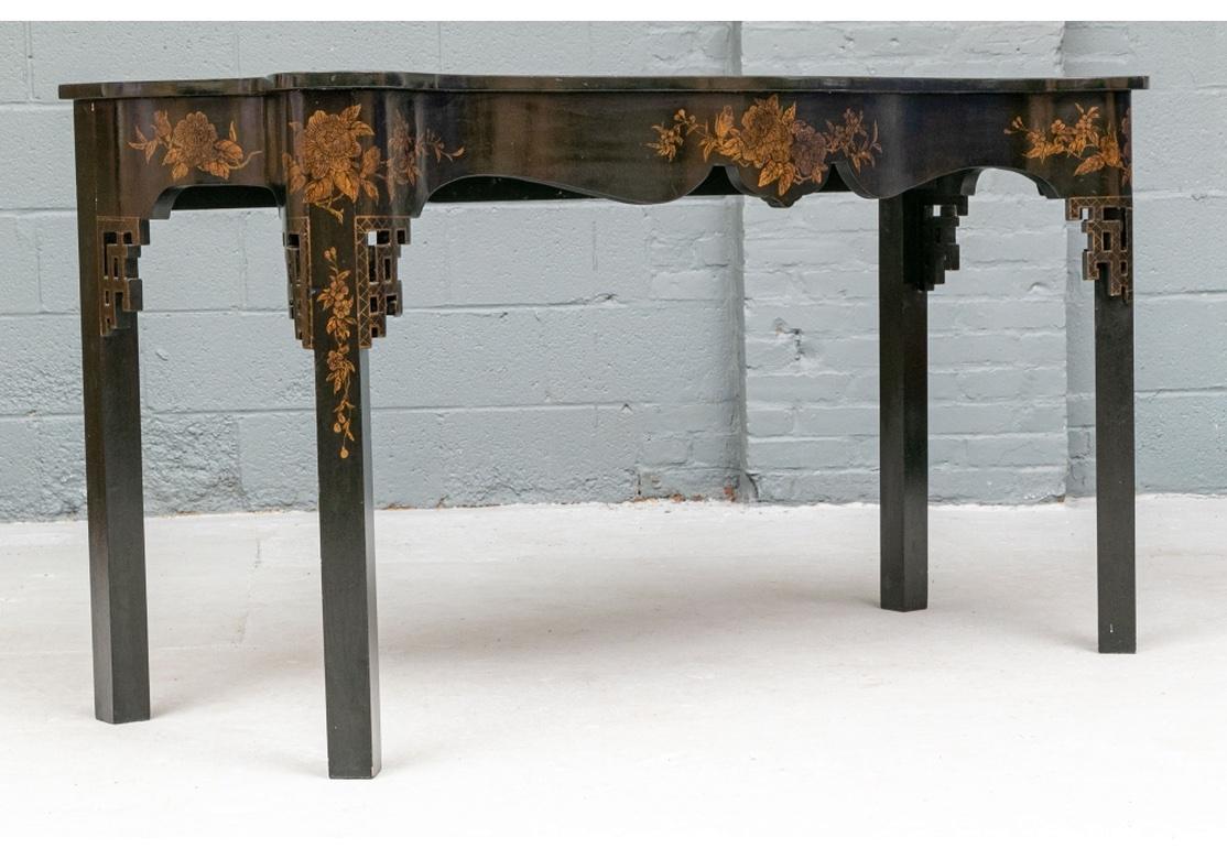 Wood Fine Chinese Chippendale Style Black Lacqered And Gilt Decorated Console Table