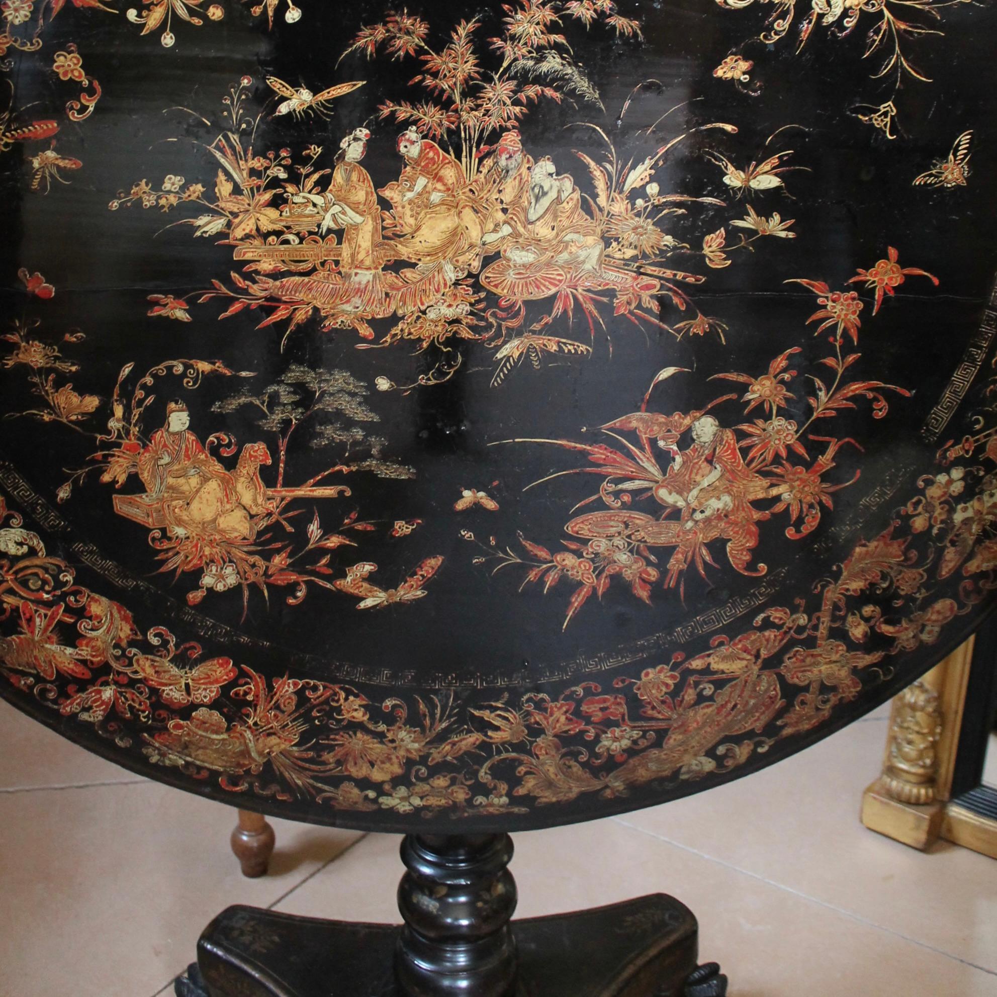 19th Century Fine Chinese Export Black Lacquer And Gilt Decorated Tilt Top Table For Sale