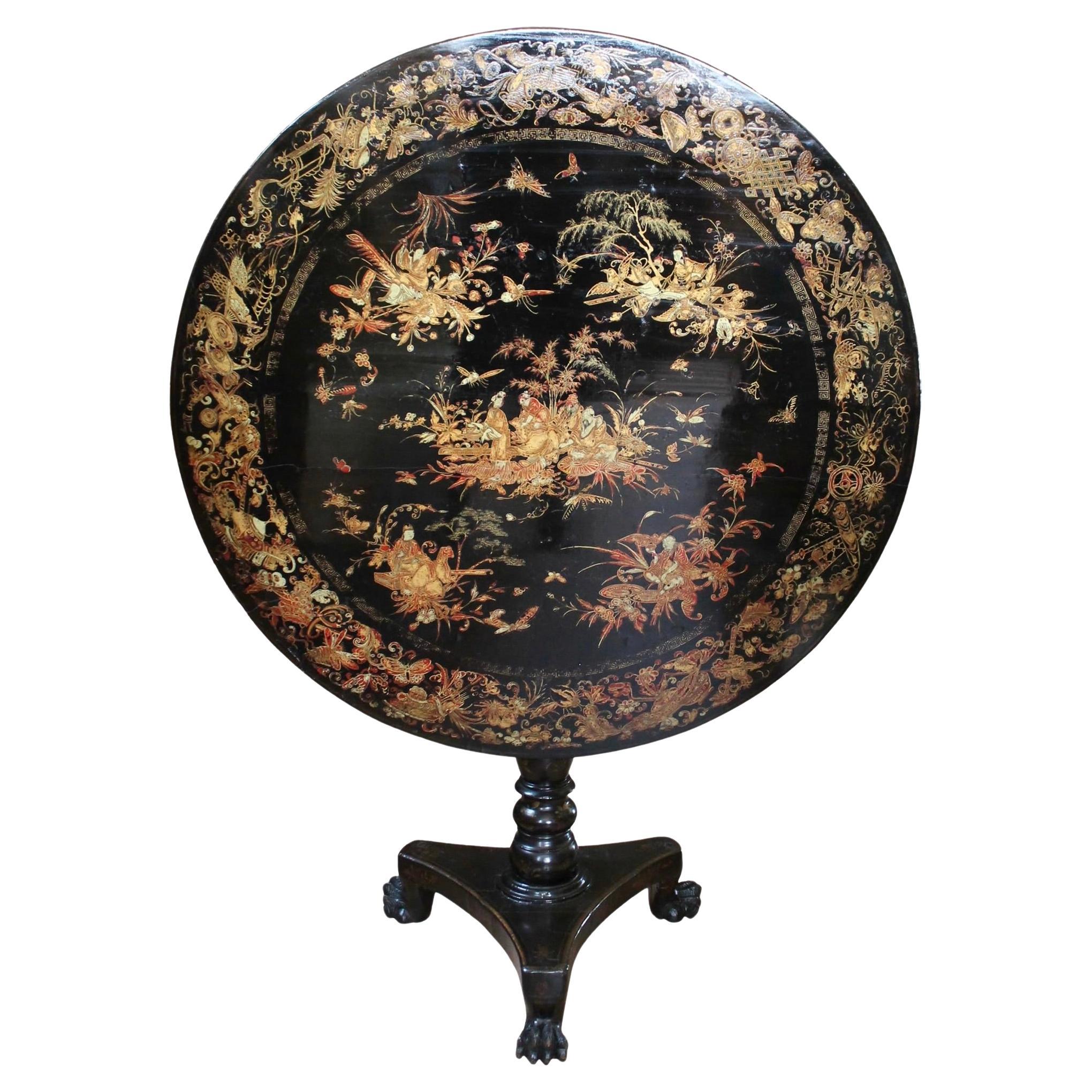 Fine Chinese Export Black Lacquer And Gilt Decorated Tilt Top Table For Sale