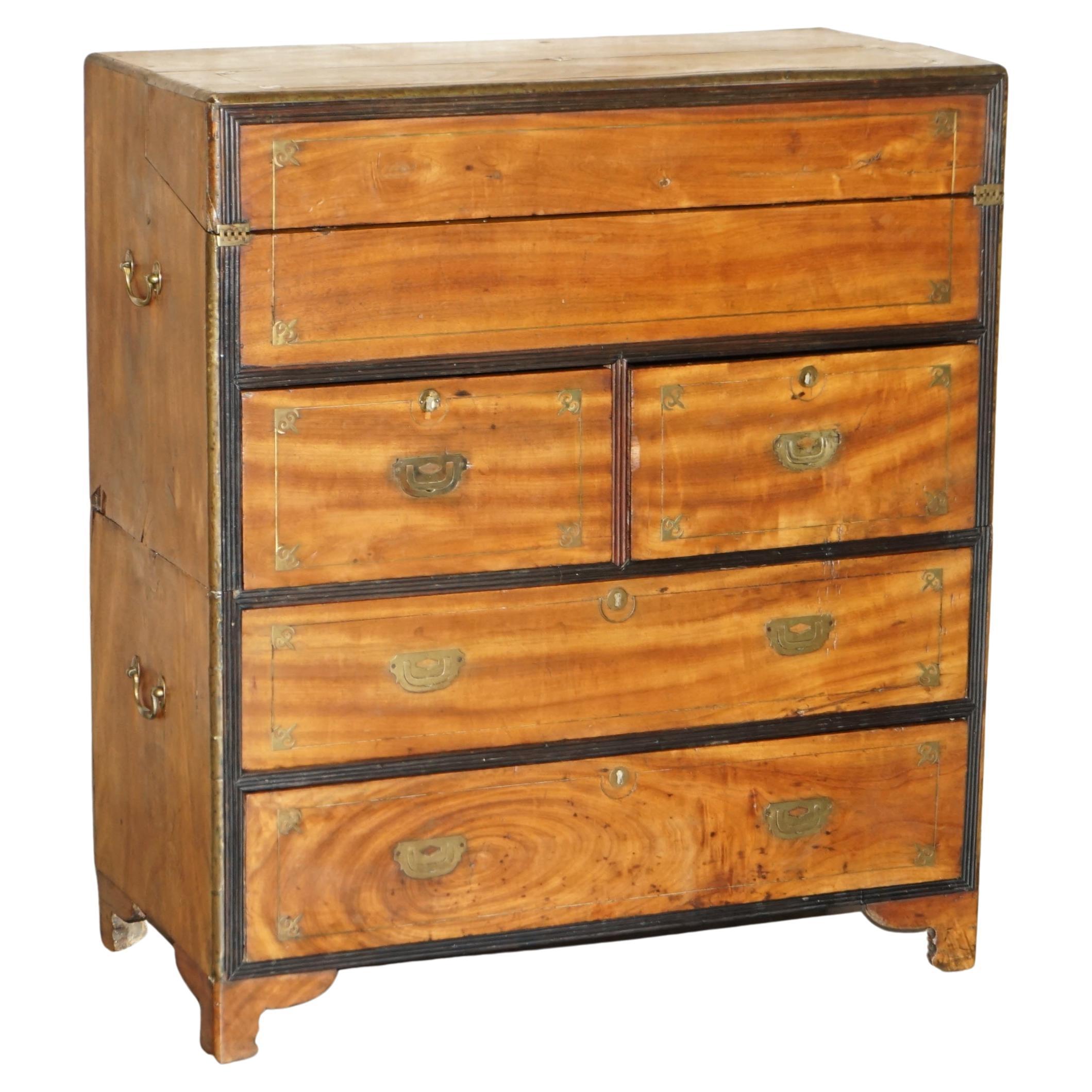 Fine Chinese Export Camphor Wood Military Secretaire Campaign Chest of Drawers