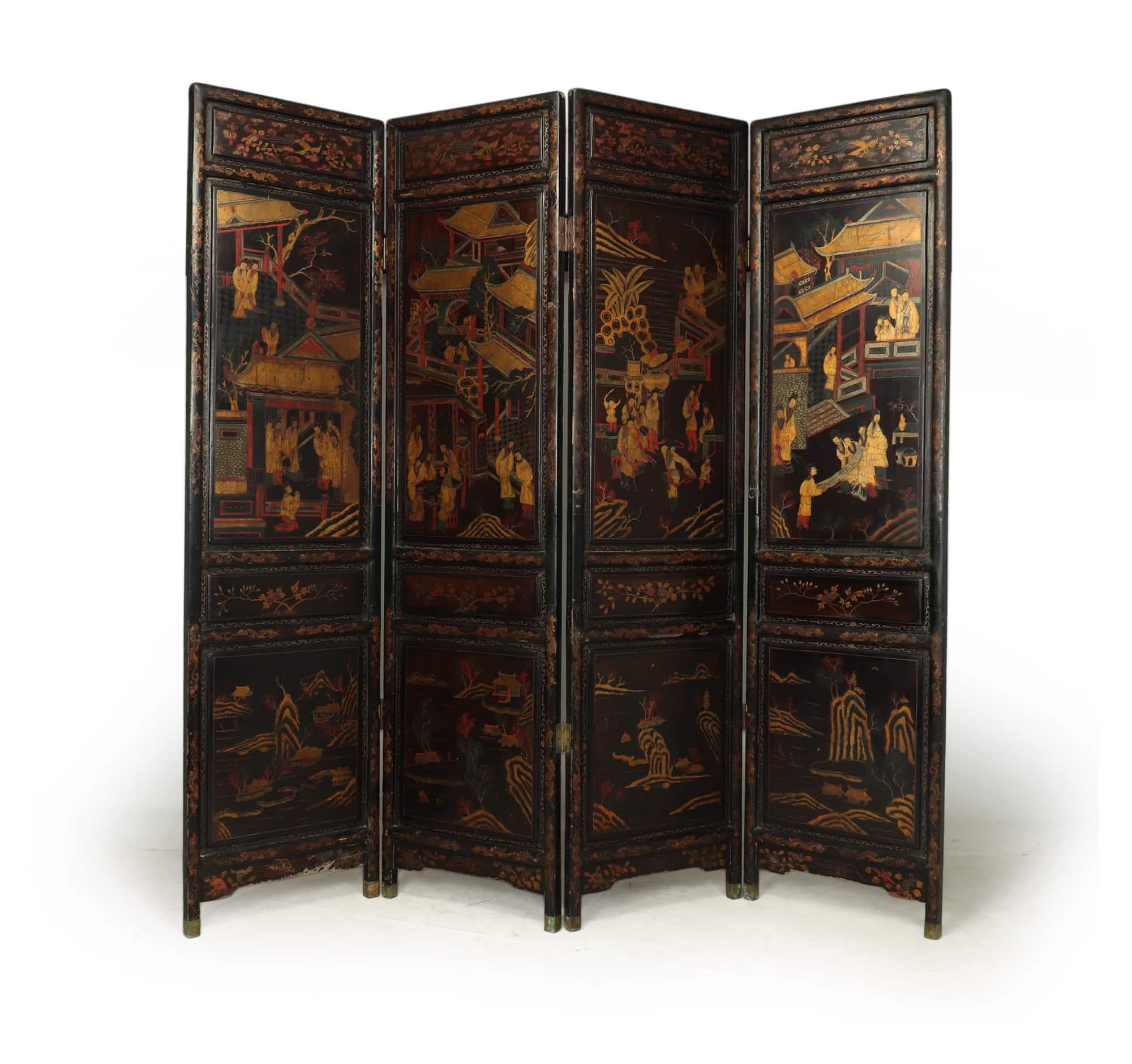 A Chinese Antique four-fold screen dated from around c1840 decorated both sides, the front panels are finely painted and decorated with gold leaf with scenes of figures in pavilions, birds and oriental gardens this is surrounded with dragons on the