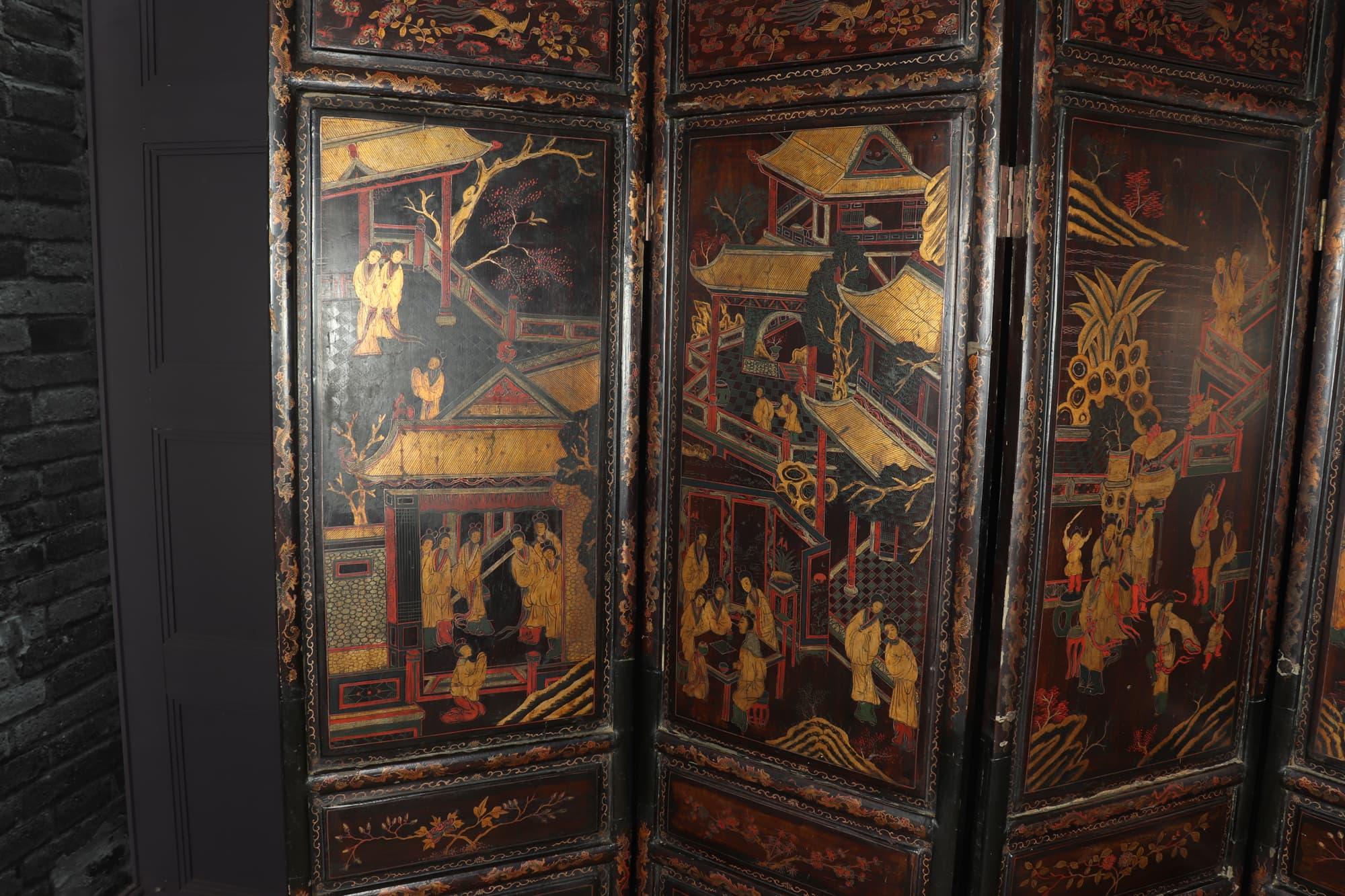 Wood Fine Chinese Export Gilt and Black Lacquer Screen, c1840