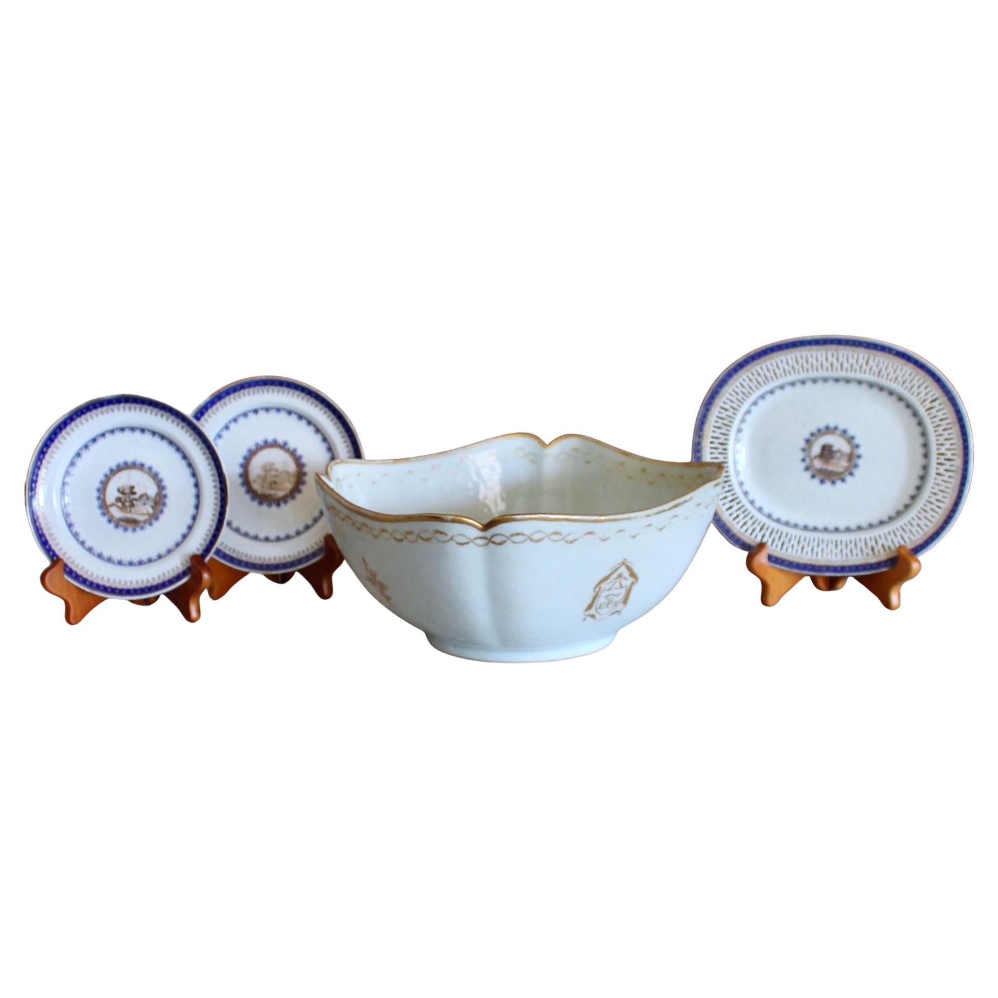 Fine Chinese Export Porcelain, Blue and Gilt- group of Four Pieces For Sale