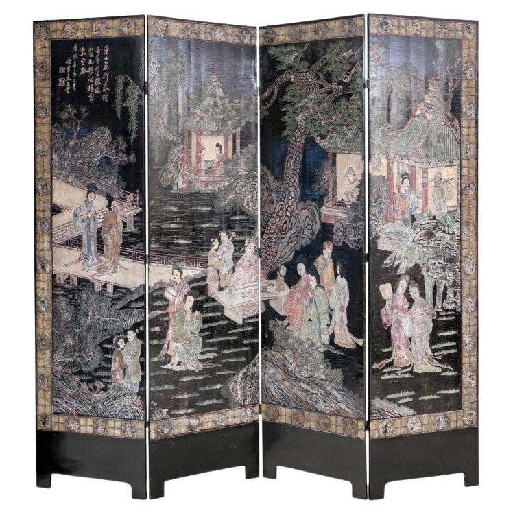 Fine Chinese Four-Panel Carved And Painted Room Divider Screen