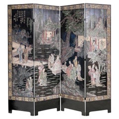Fine Chinese Four-Panel Carved And Painted Room Divider Screen