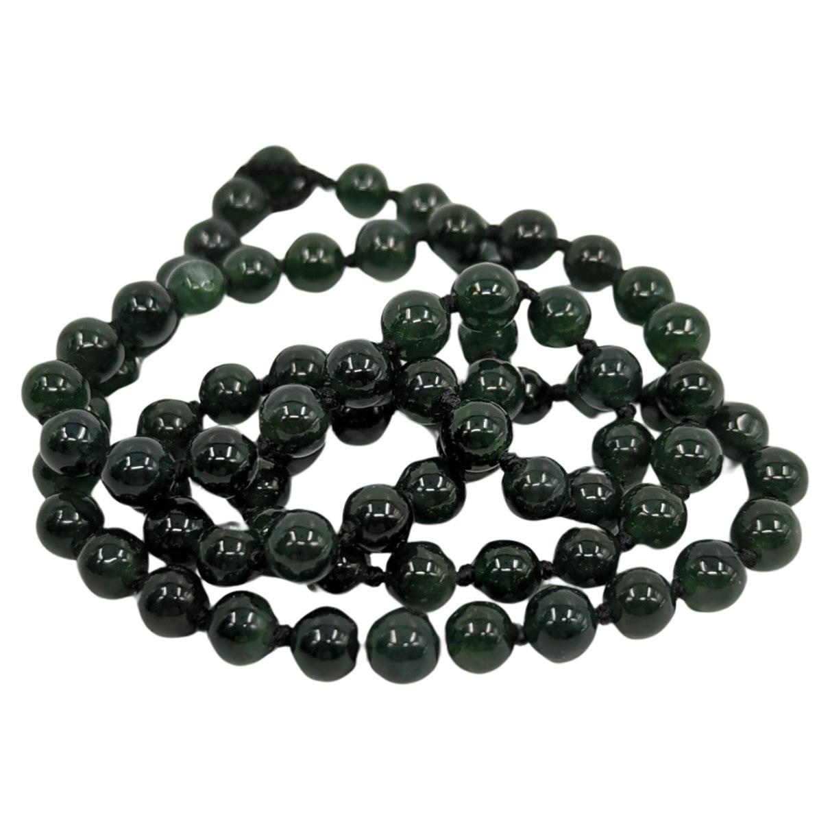 Women's or Men's Fine Chinese A-Grade Natural Translucent Ink Green Jadeite Beaded Necklace 22