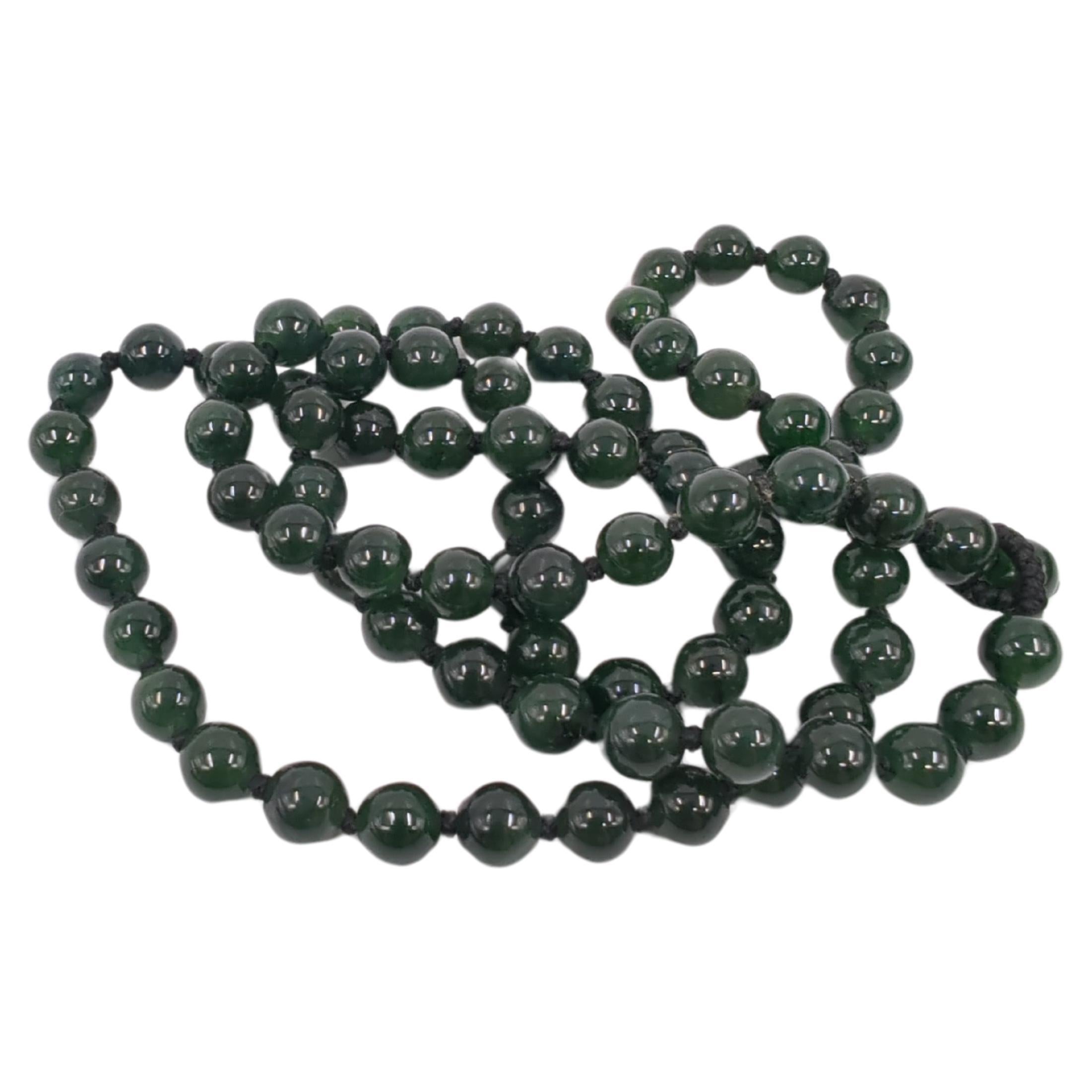 Fine Chinese A-Grade Natural Translucent Ink Green Jadeite Beaded Necklace 22
