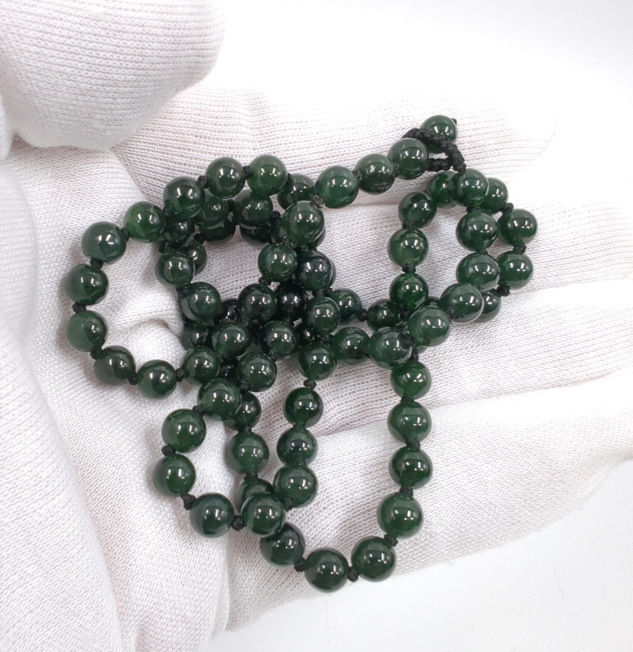 Fine Chinese A-Grade Natural Translucent Ink Green Jadeite Beaded Necklace 22
