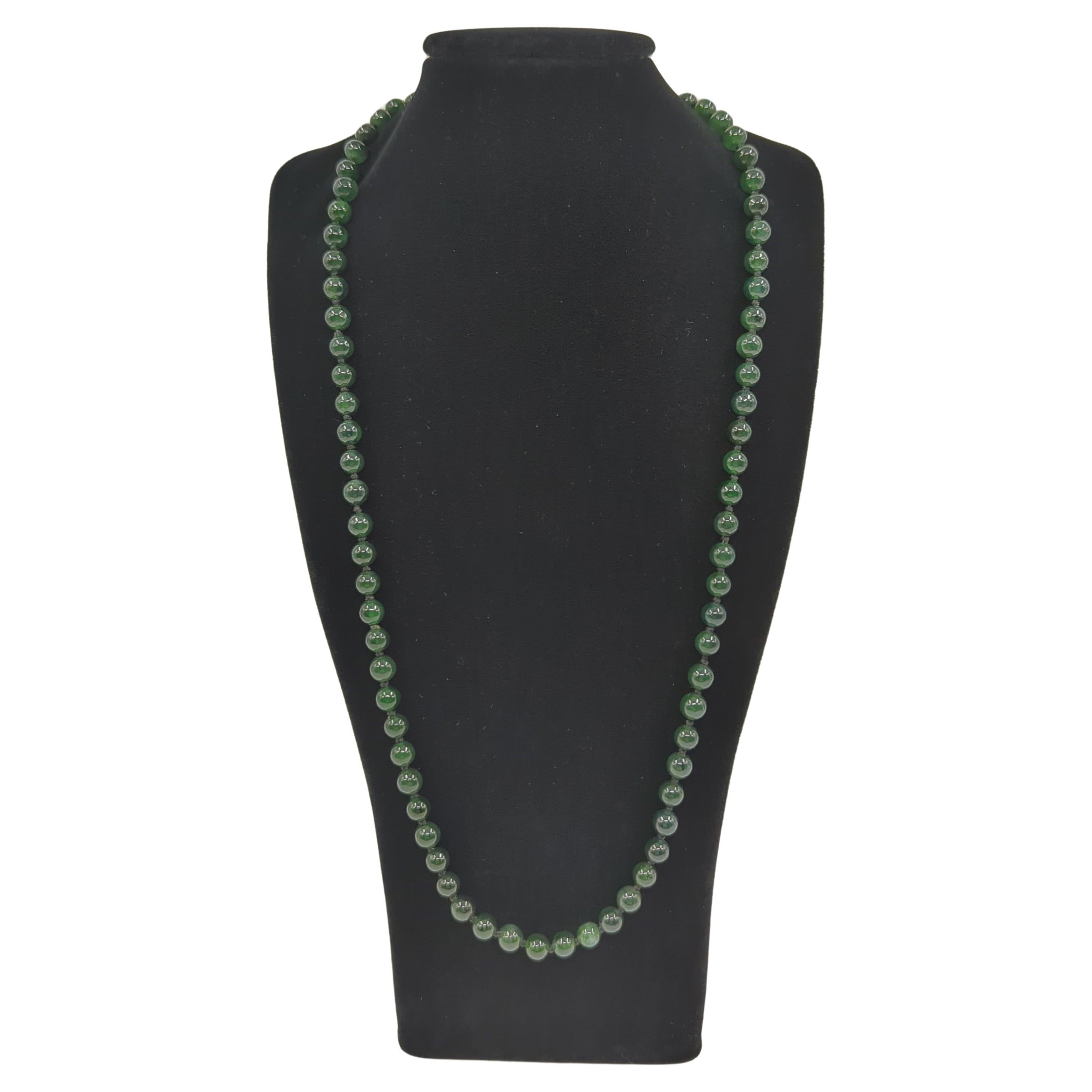 Fine Chinese A-Grade Natural Translucent Ink Green Jadeite Beaded Necklace 22" For Sale