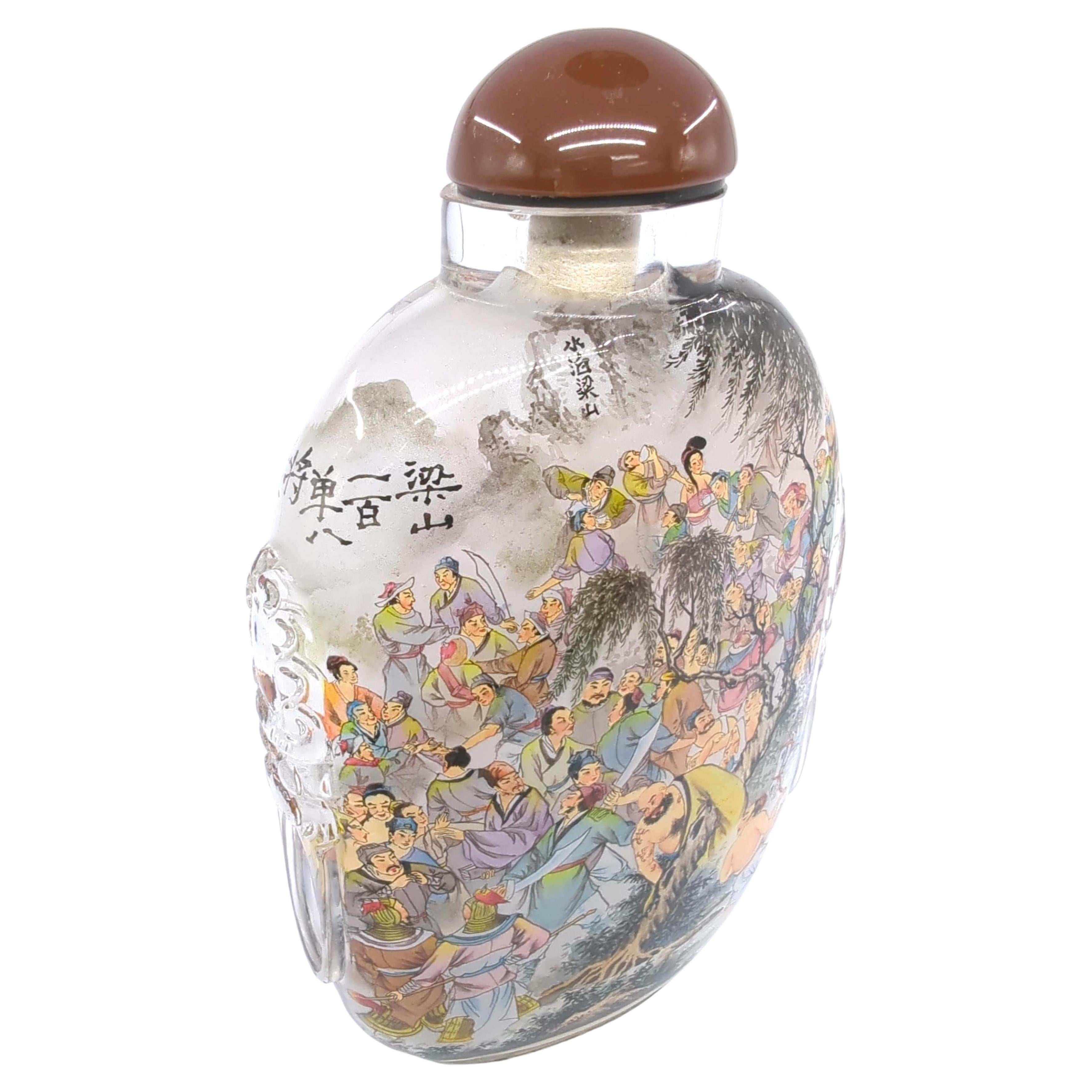 Carved Large Chinese Inside Painted Glass Snuff Bottle Water Margin IPSB Ya Qin c.2009 For Sale
