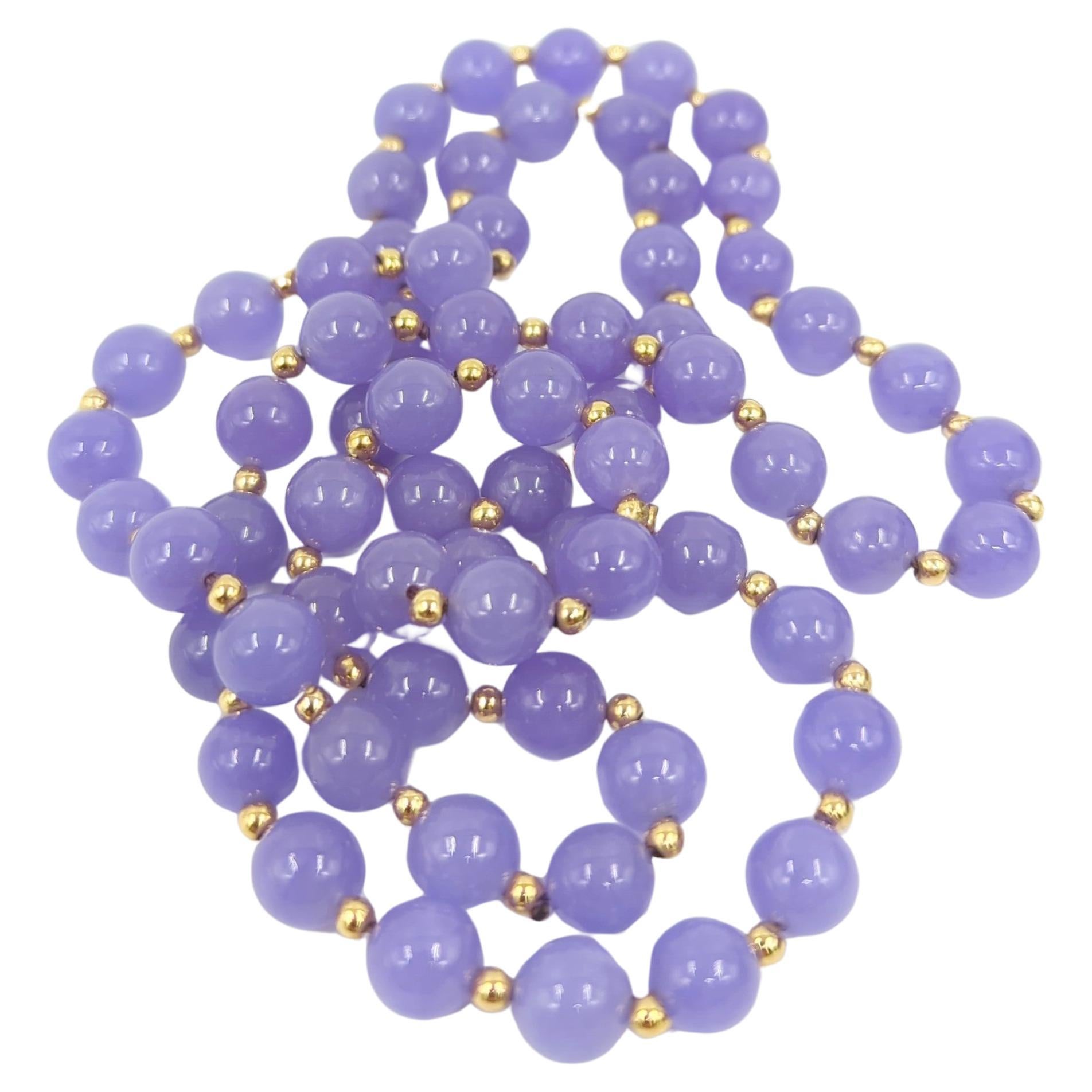Fine Chinese Intense Lavender A-Grade Natural Jadeite 8.5mm Beaded Necklace 26" For Sale