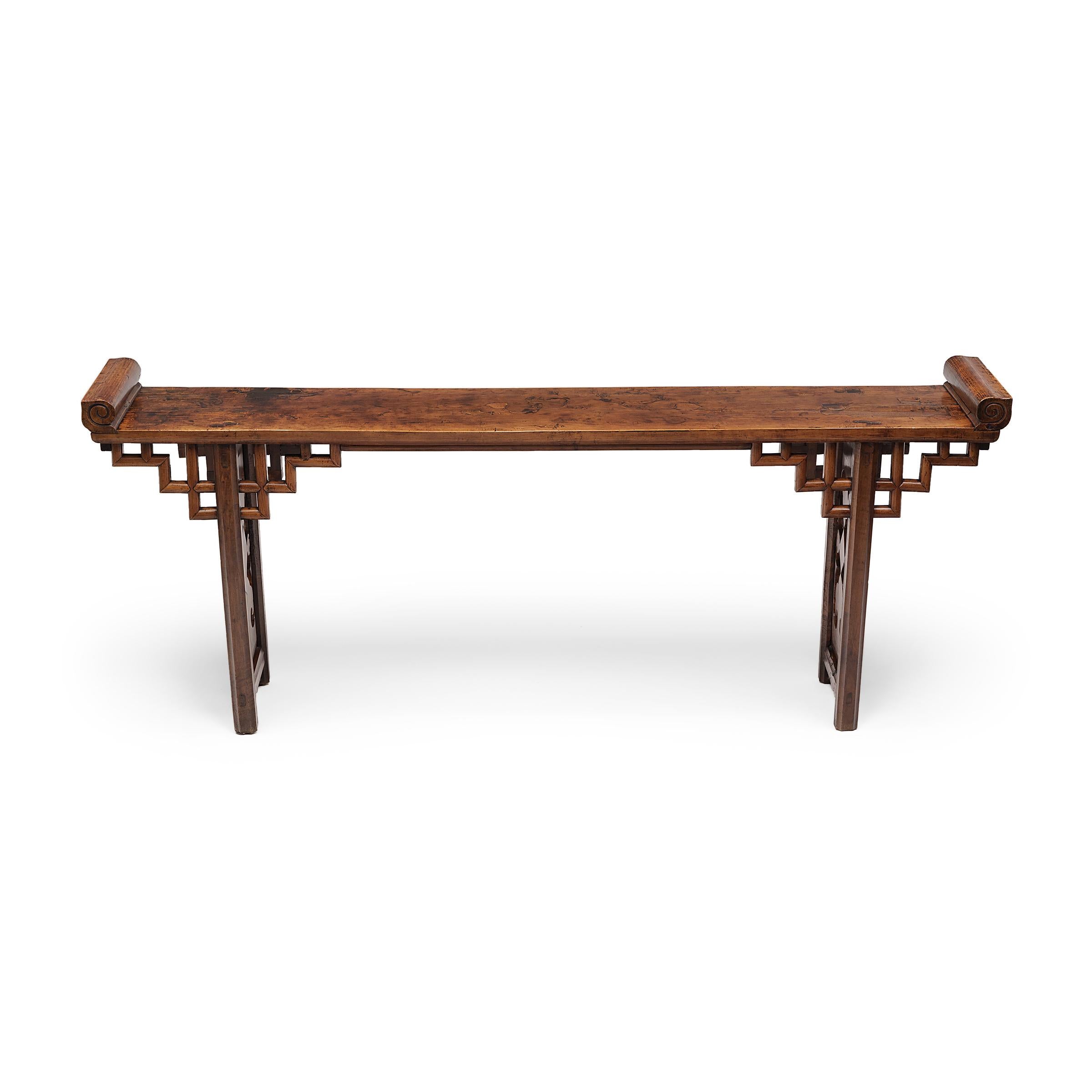 Fine Chinese Pearwood Altar Table with Inlaid Repairs In Good Condition In Chicago, IL