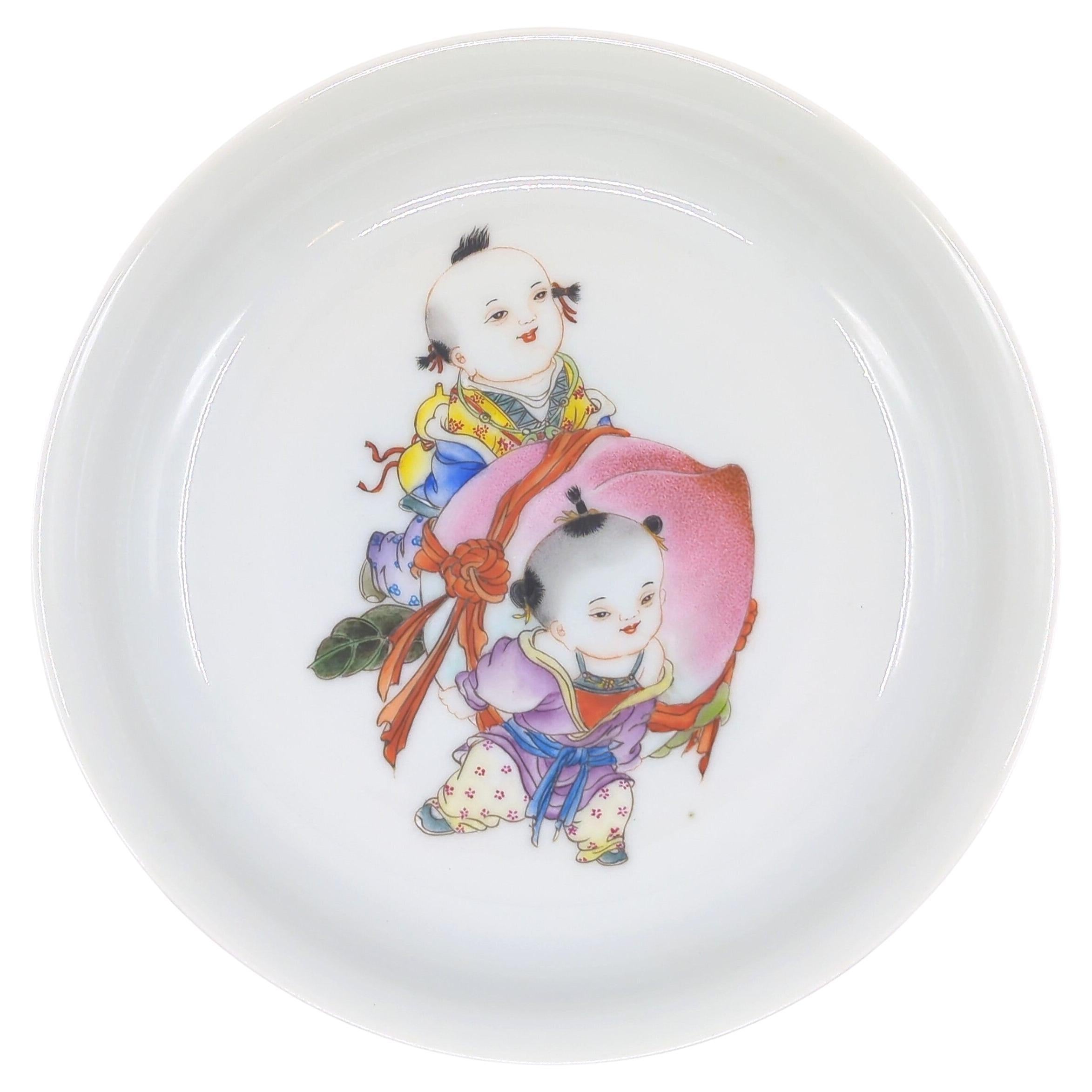 Fine Chinese Porcelain Famille Rose Fencai 2 Boys Carrying Peach Plate ROC 20c  For Sale