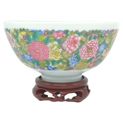 Fine Chinese Porcelain Famille Rose Fencai Millefleur Bowl On Rosewood Stand 20c