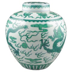 Fine Chinese Porcelain Famille Verte Doucai Dragon Covered Ginger Jar Modern 20c