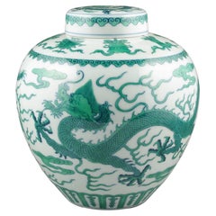 Vintage Fine Chinese Porcelain Famille Verte Doucai Dragon Covered Ginger Jar Modern 20c