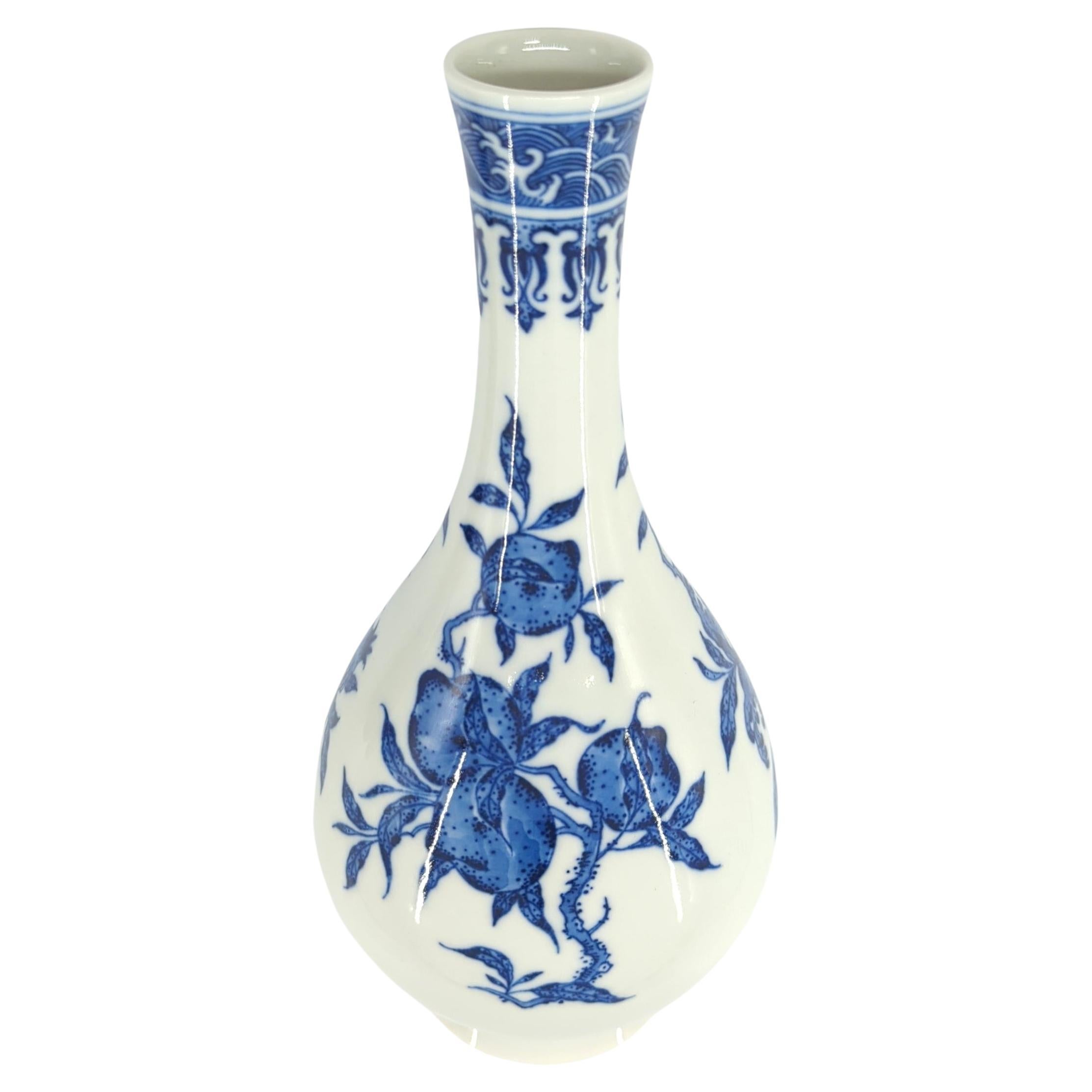 Fine Chinese Porcelain Underglaze Blue White Bats Peaches Bottle Vase Stand 20c For Sale 6