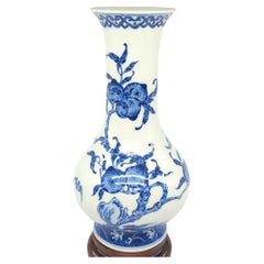 Fine Chinese Porcelain Underglaze Blue White Bats Peaches Bottle Vase Stand 20c