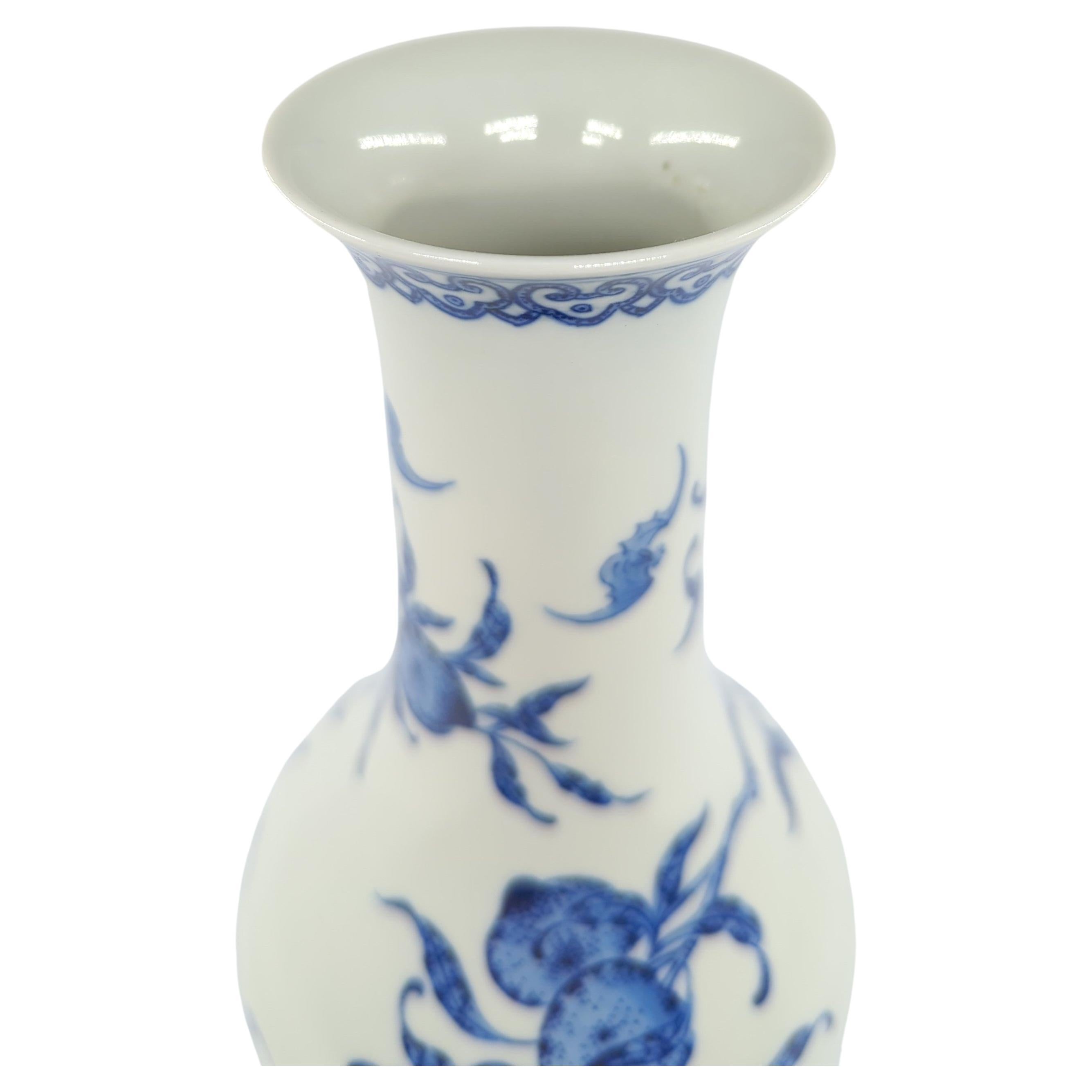 20th Century Fine Chinese Porcelain Underglaze Blue White Bats Peaches Bottle Vase Stand 20c For Sale
