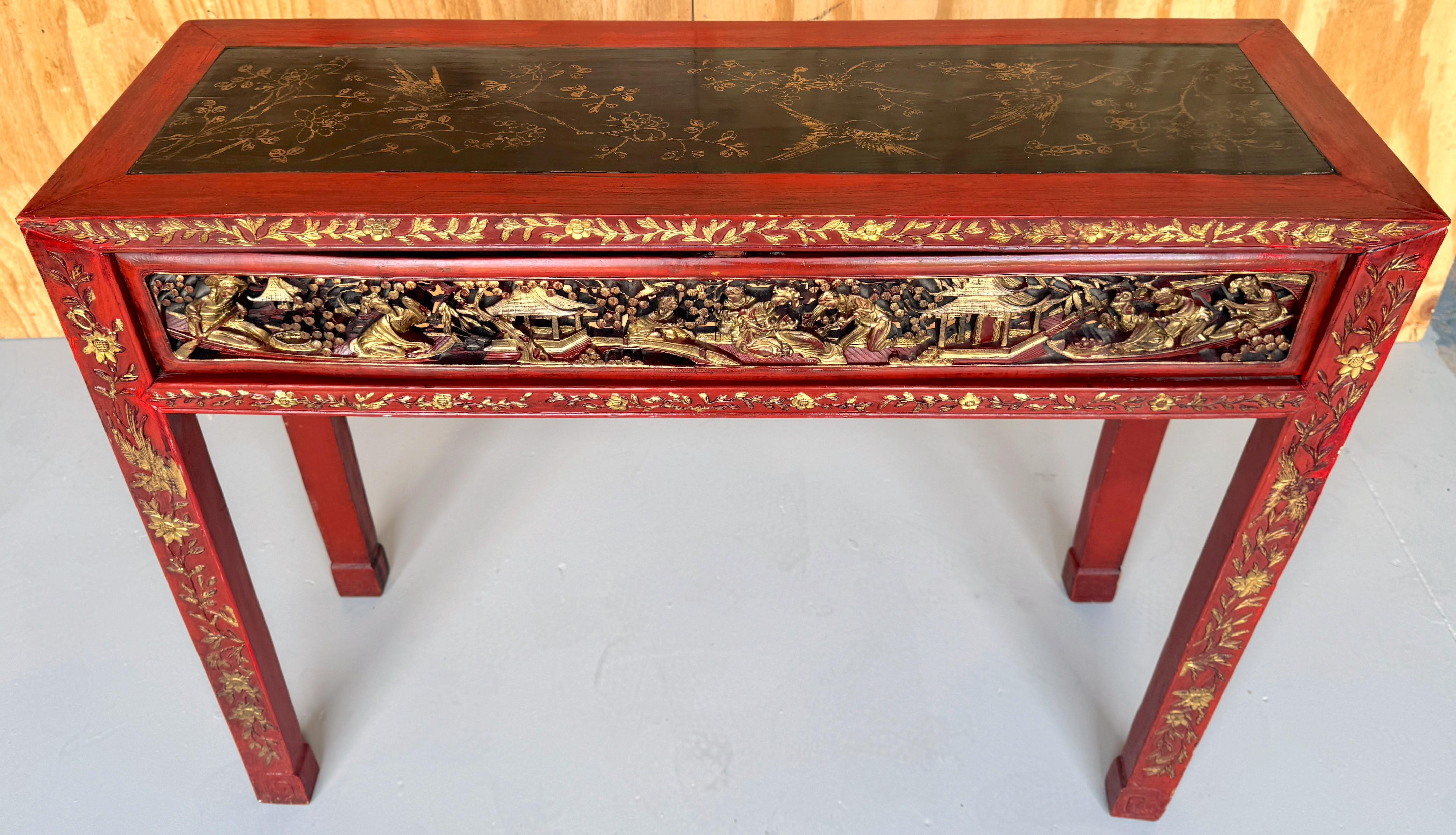 Fine Chinese Qing-period Carved Giltwood and Lacquered Console Table 
China, 19th Century

A stunning example of the elegance of the Qing Period in Chinese furniture. Dating back to the 19th century, this Fine Chinese Qing Period Carved Giltwood and
