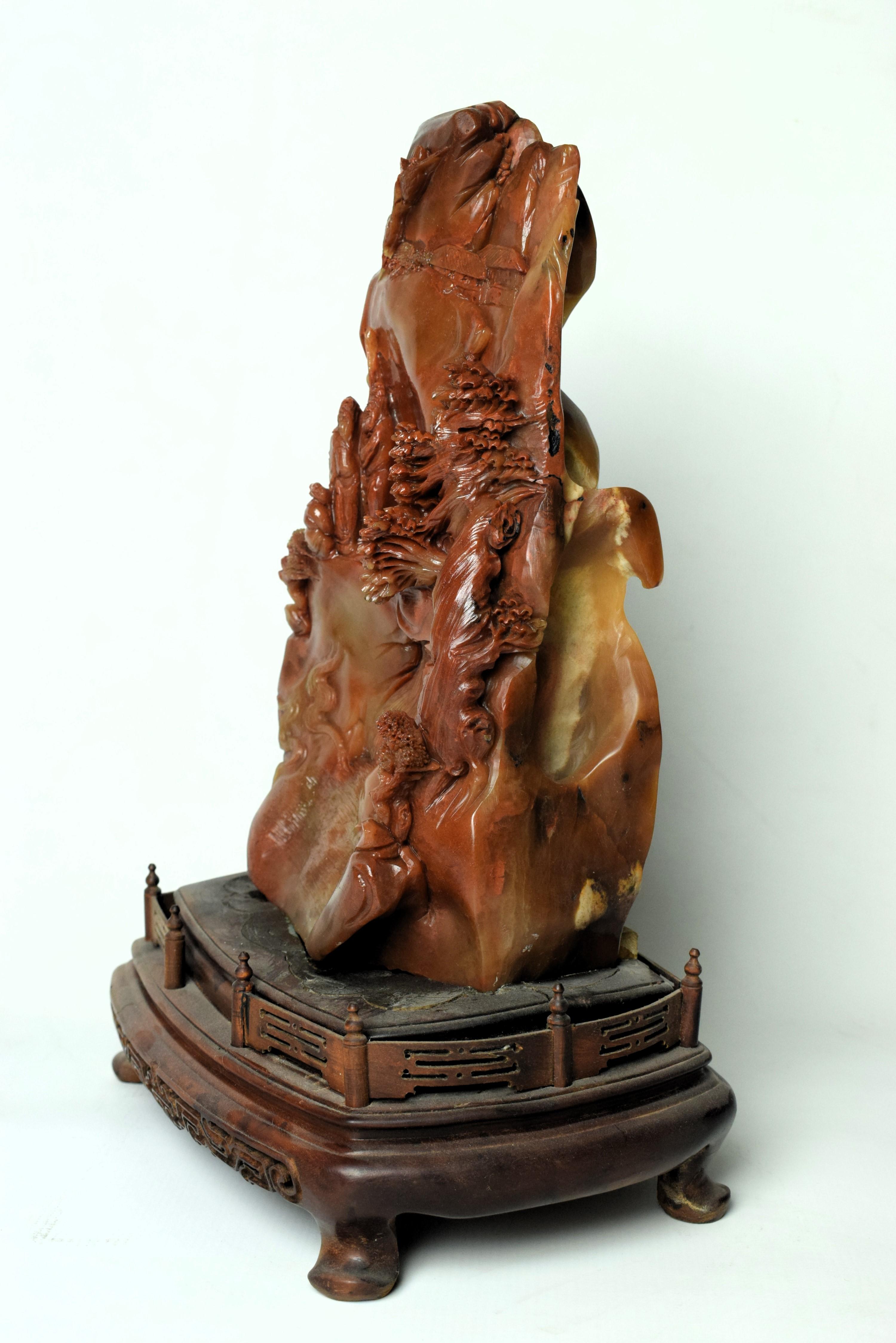Hand-Carved Fine Chinese Soapstone Carving of a Buddhist Village Scene, Mid-20th Century For Sale