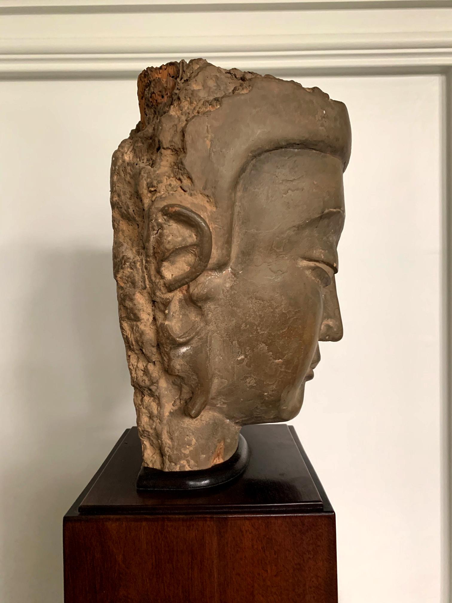 Earthenware Fine Chinese Stucco Head of Bodhisattva Southern Dynasties For Sale