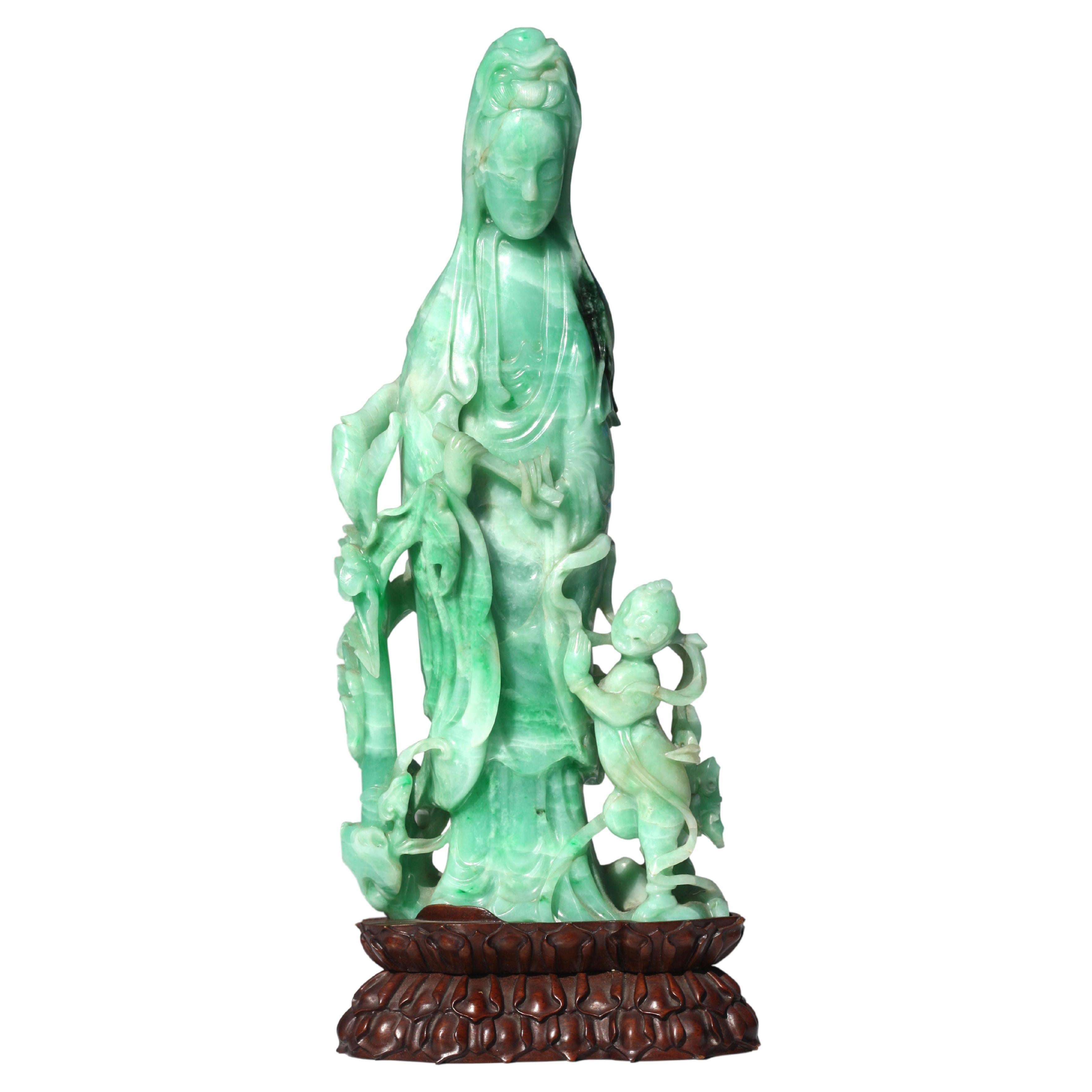 Fine Chinese Transparent Emerald and Pale Green Jadeite Quanyin For Sale