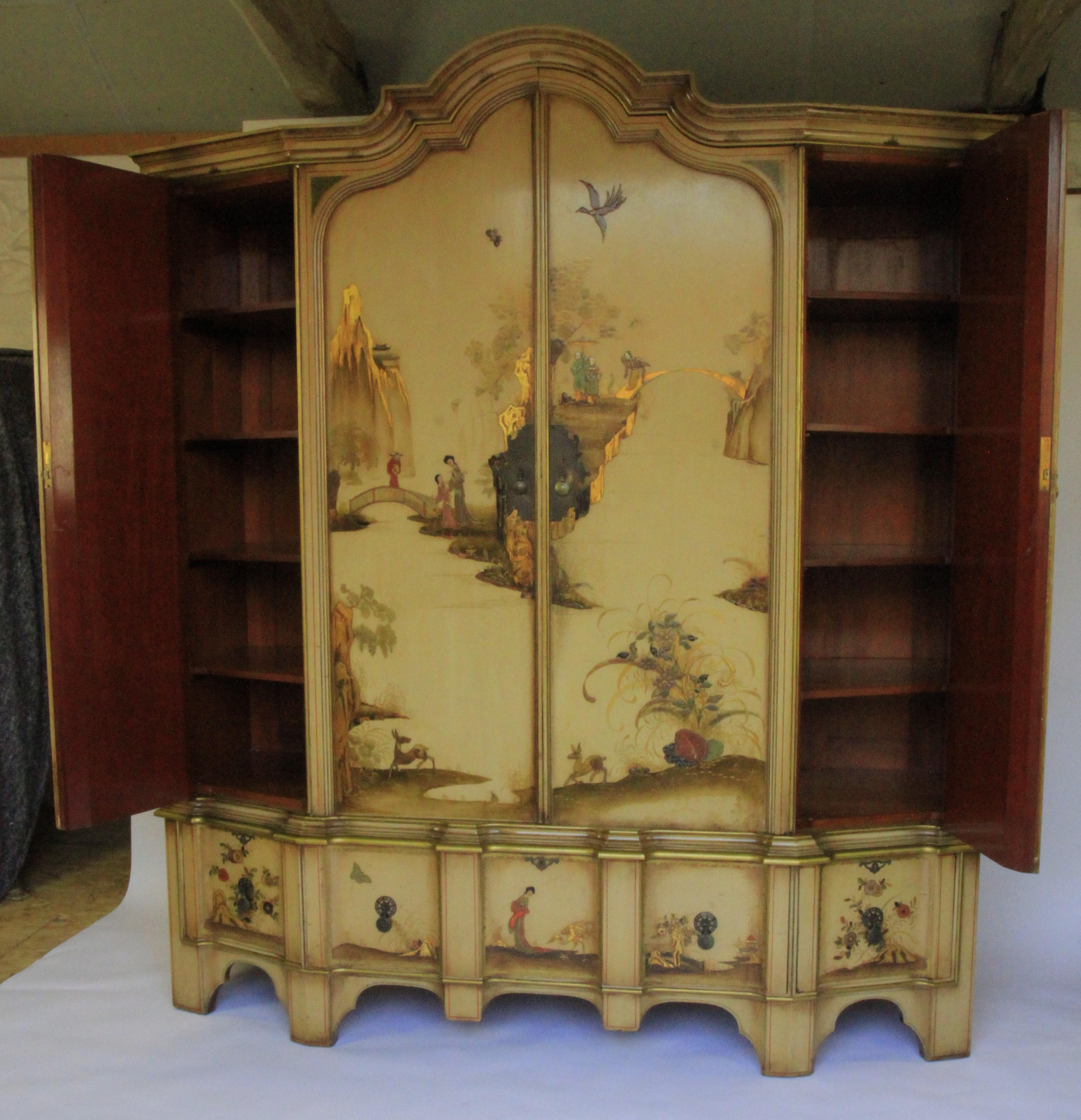 Fine Chinoiserie Decorated 8 piece Bedroom Suite circa 1900
Waring & Gillow Badges 
[1] 4 door wardrobe centre hanging space, fitted shelves each side,
3 drawer base
[2] Dressing Table with 7 Drawers
[3] Freestanding Triptych Dressing Mirror with