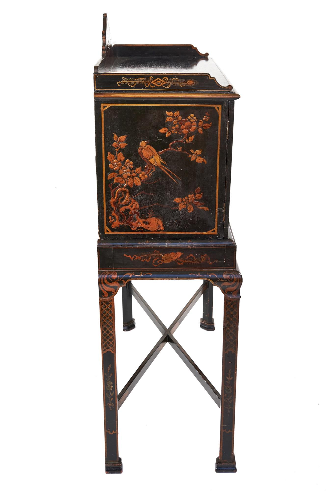 Lacquered Fine chinoiserie Decorated Fitted 8 Drawer Cabinet on Stand For Sale