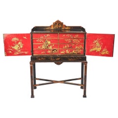 Antique Fine chinoiserie Decorated Fitted 8 Drawer Cabinet on Stand