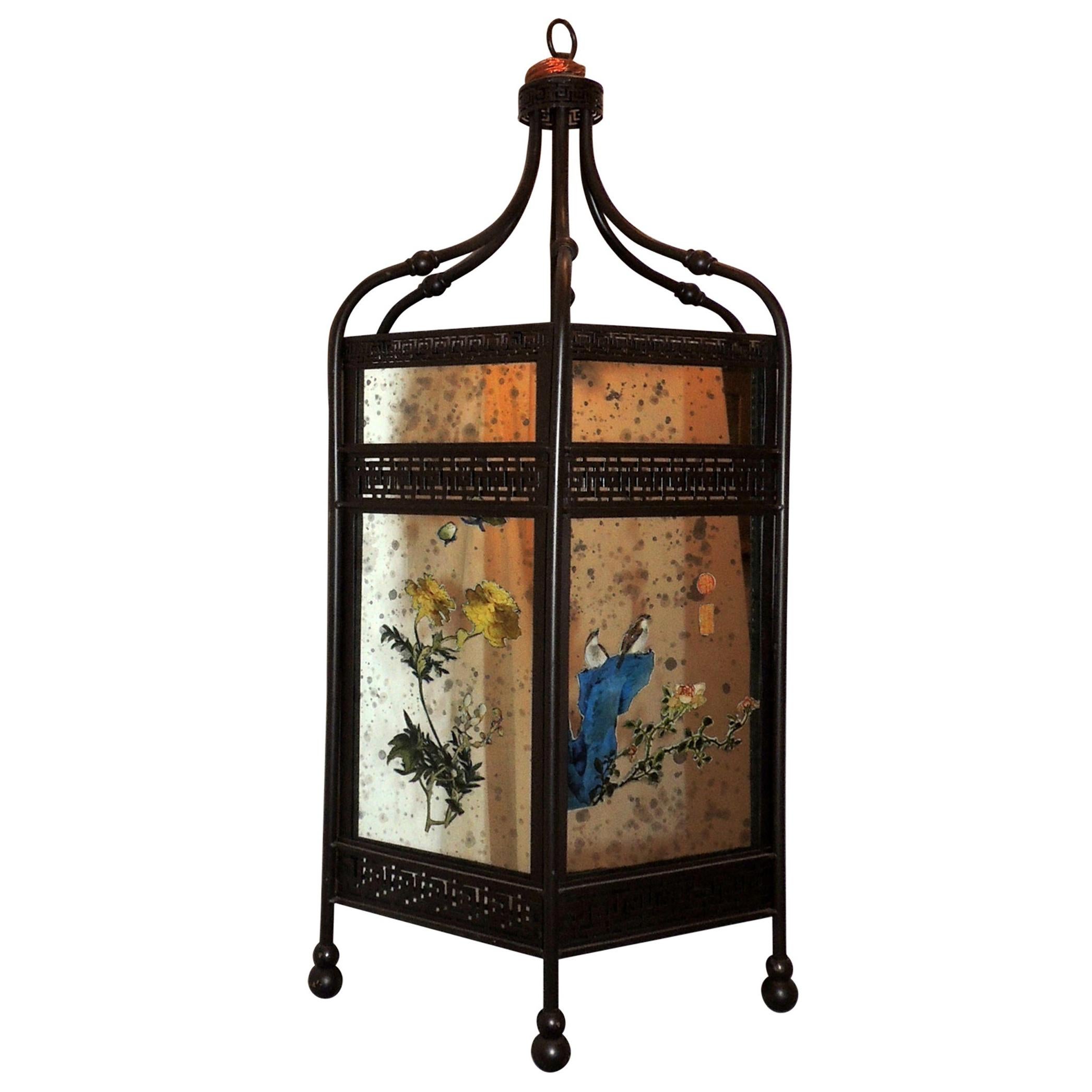 Fine Chinoiserie Octagonal Mirrored Reverse Painted Patinated Lantern Pendent
