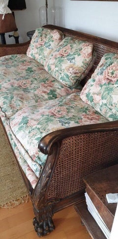 Fine Chippendale Cane Carved Wood Lion Legs Sofa Couch Settee, to Be Restored