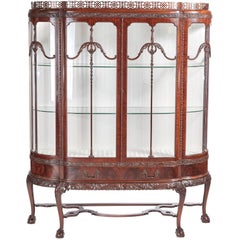 Antique Fine Chippendale Revival Carved Mahogany Breakfront Display Cabinet