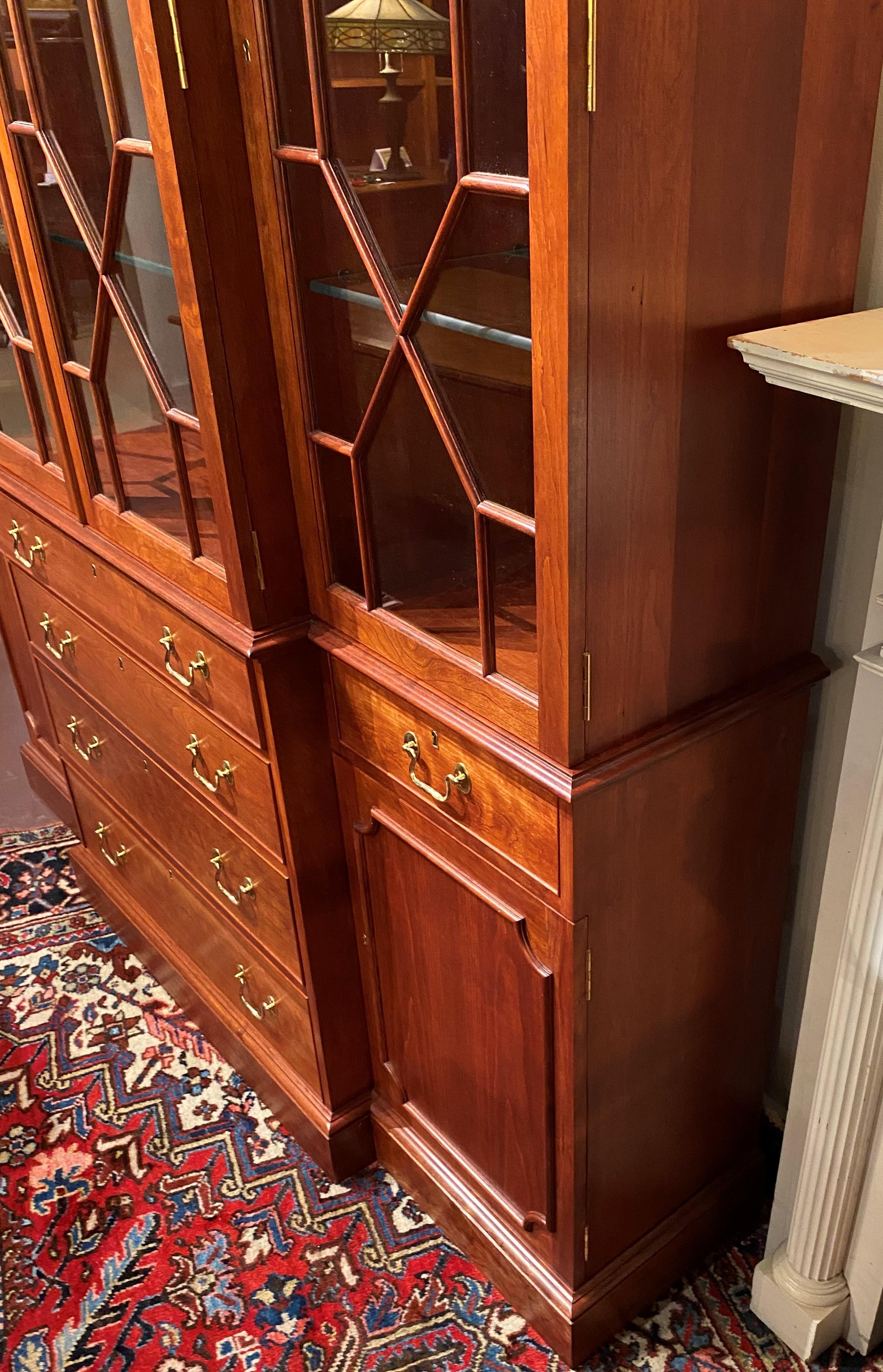 Fine Chippendale Style Cherry Two Piece Breakfront China Cabinet or Bookcase In Good Condition In Milford, NH