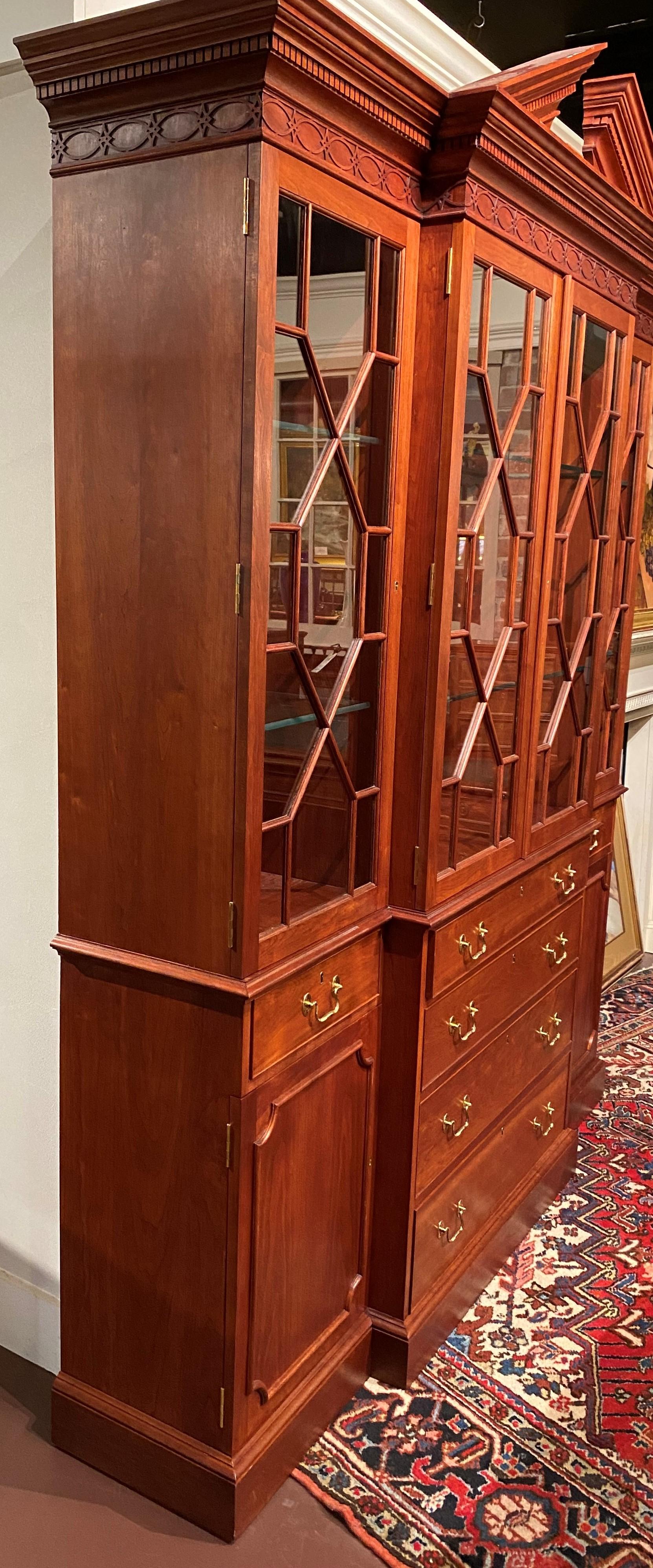 20th Century Fine Chippendale Style Cherry Two Piece Breakfront China Cabinet or Bookcase